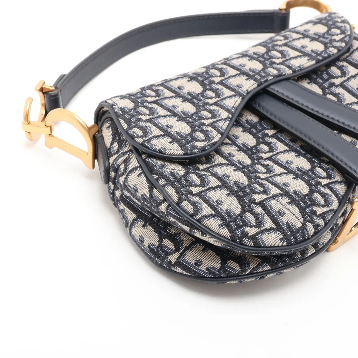 Oblique Saddle Canvas x Leather Handbag, Beige x Navy — view 4