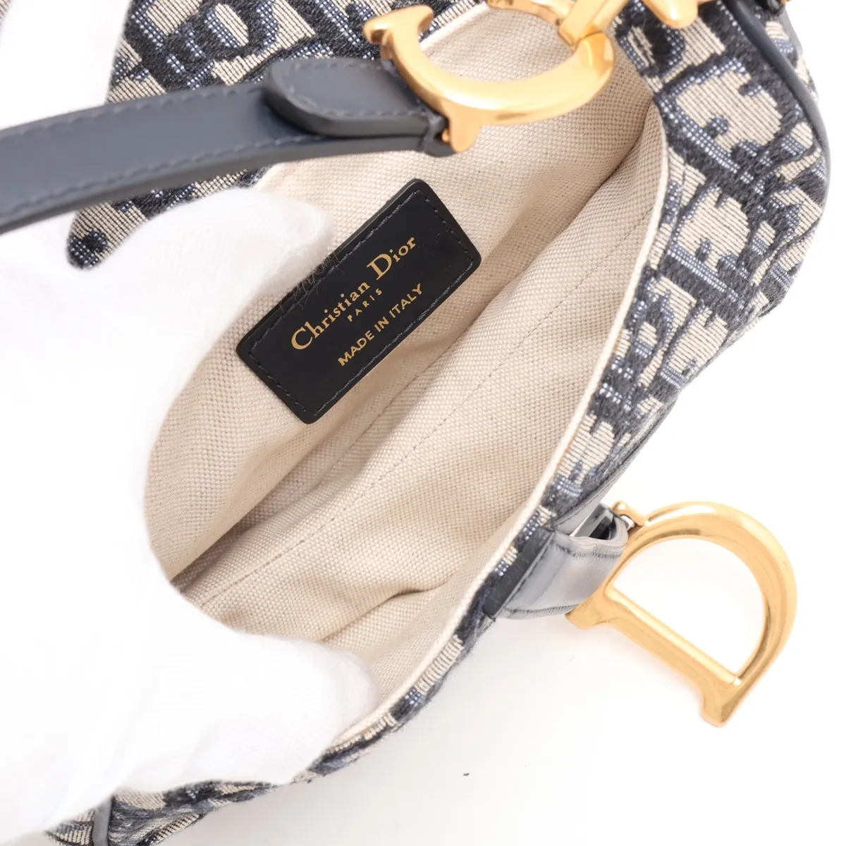 Oblique Saddle Canvas x Leather Handbag, Beige x Navy — view 7