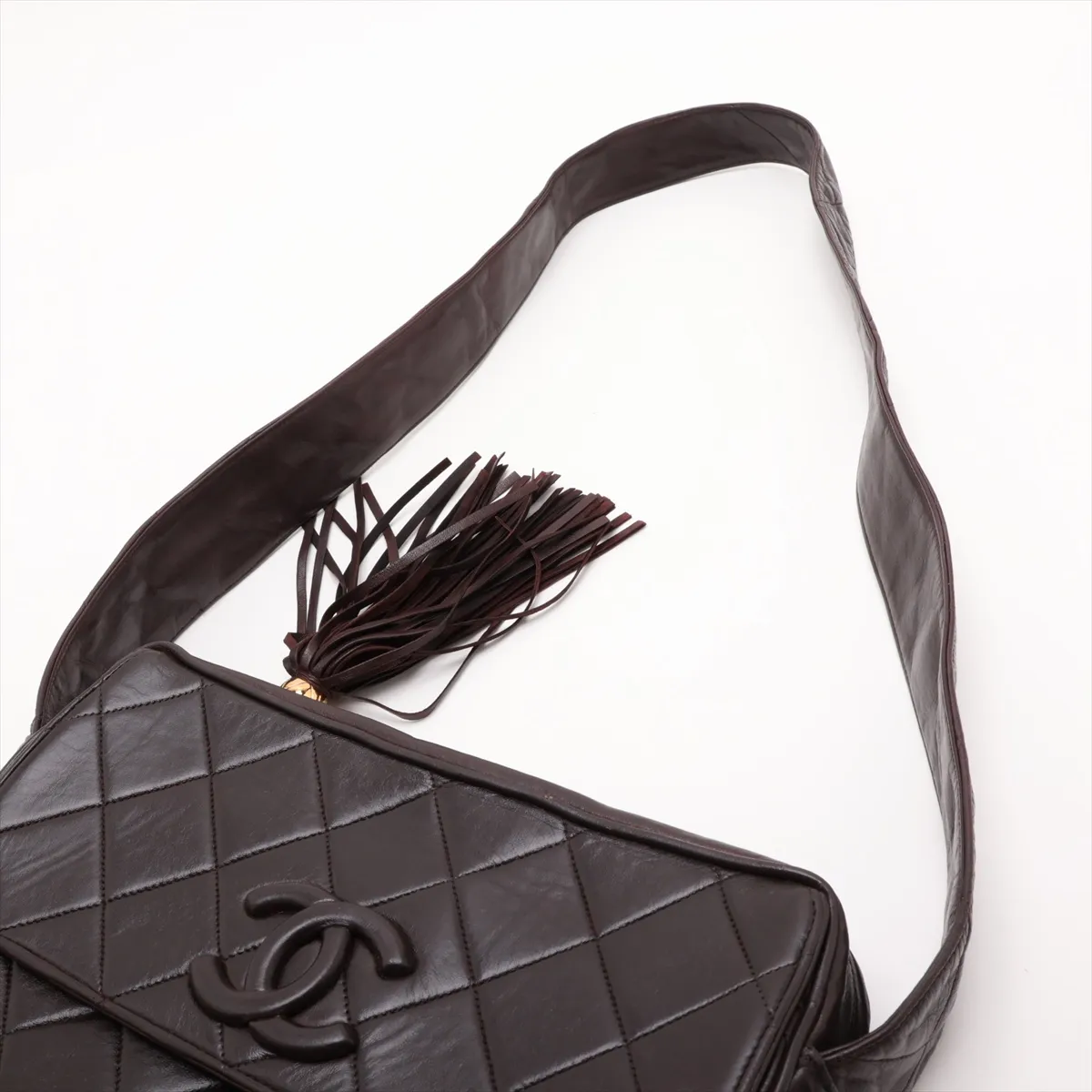 Matelassé Lambskin Shoulder Bag with Fringe, Brown, Gold Hardware — view 5
