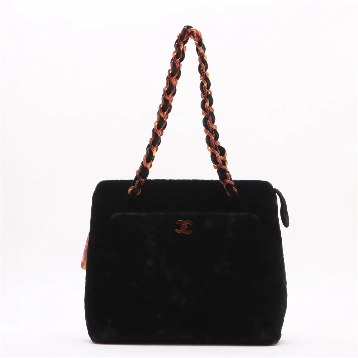 Matelassé Velour Chain Shoulder Bag, Tortoiseshell, Black with Gold Hardware