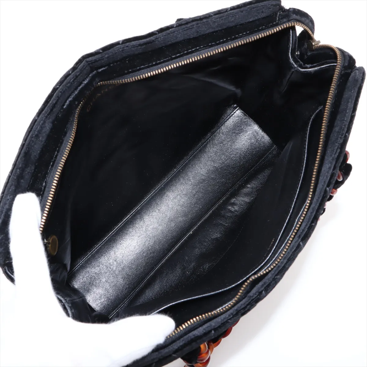 Matelassé Velour Chain Shoulder Bag, Tortoiseshell, Black with Gold Hardware — view 7