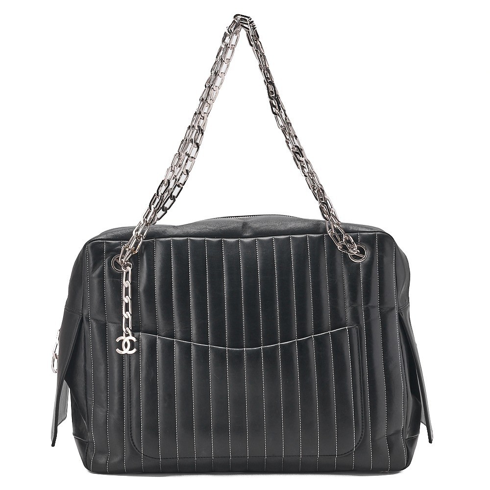 Lambskin Mademoiselle Chain Tote Bag, Black, Silver Hardware, Series 10