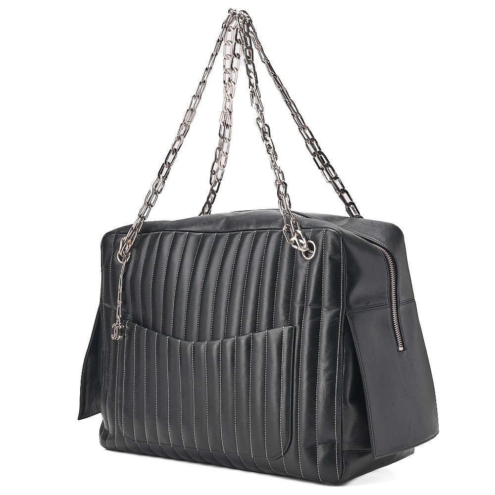 Lambskin Mademoiselle Chain Tote Bag, Black, Silver Hardware, Series 10 — view 3