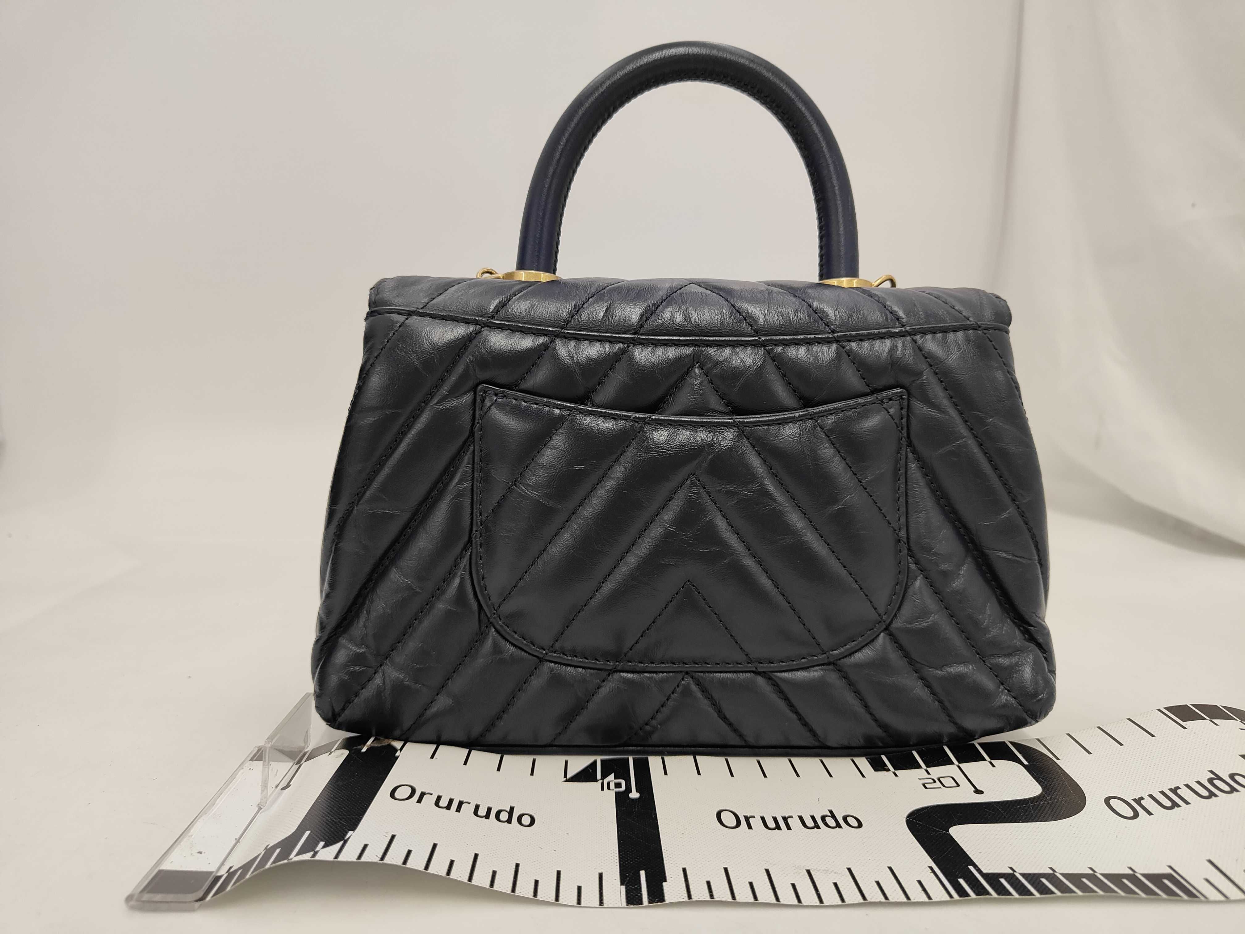 Chevron V-stitch Top Handle Flap Bag, 2-Way, Lambskin, Navy, Gold Hardware, Handbag — view 2