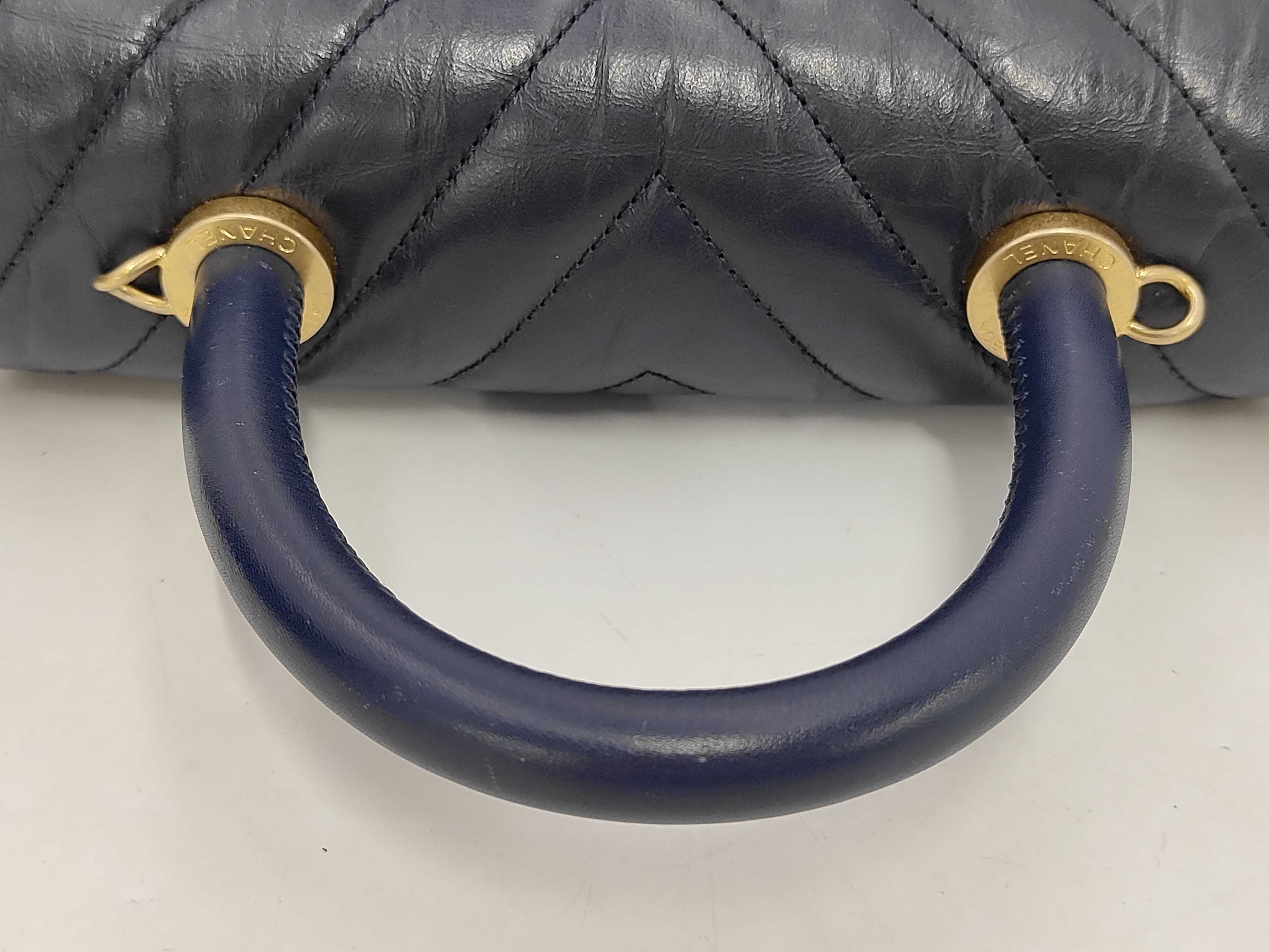 Chevron V-stitch Top Handle Flap Bag, 2-Way, Lambskin, Navy, Gold Hardware, Handbag — view 5