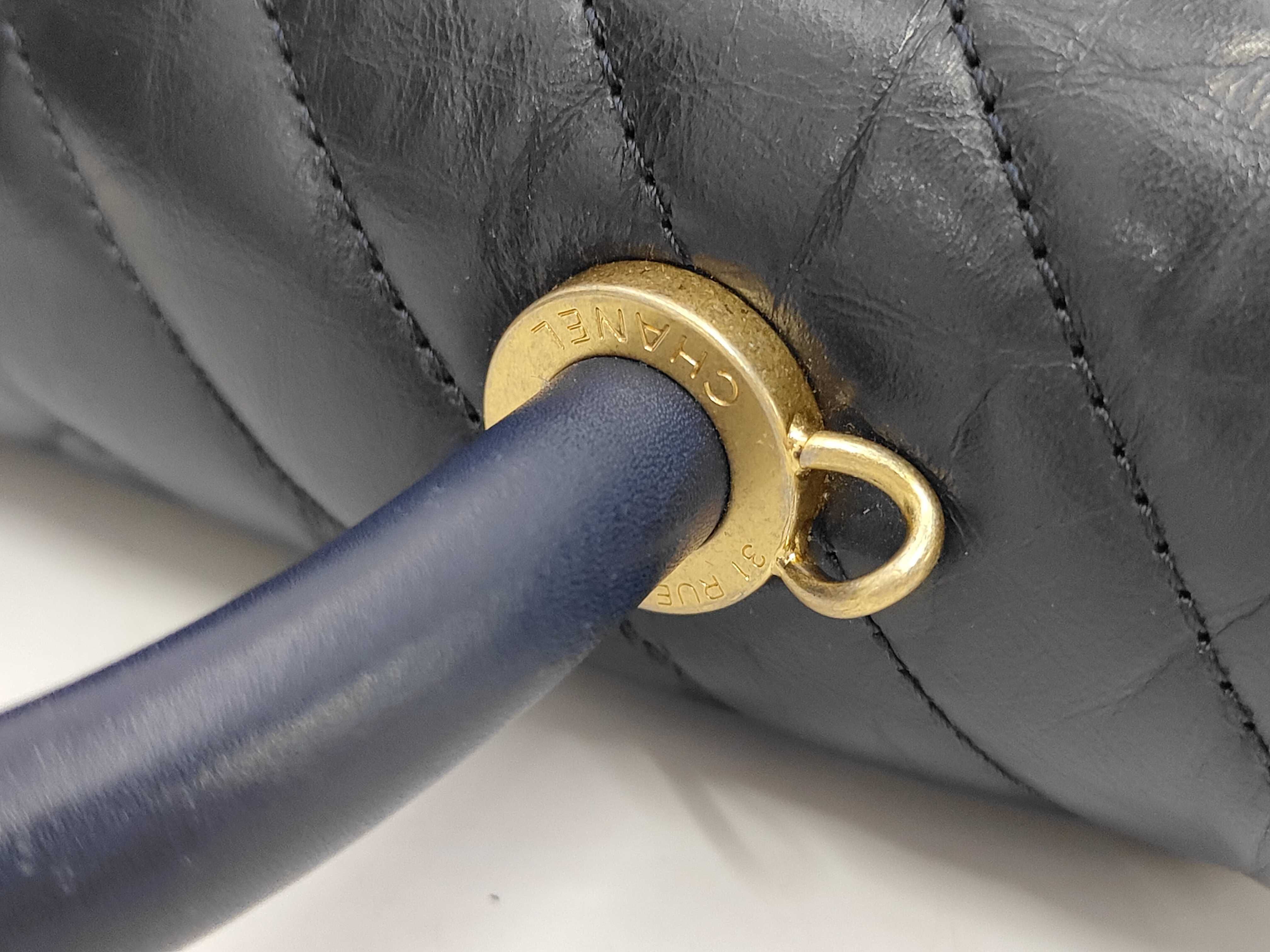 Chevron V-stitch Top Handle Flap Bag, 2-Way, Lambskin, Navy, Gold Hardware, Handbag — view 7