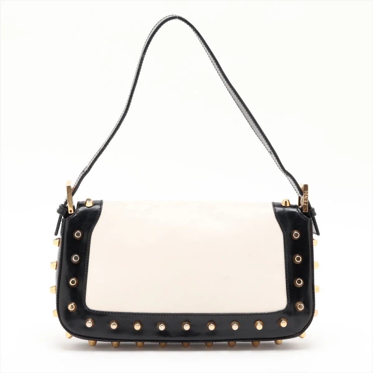Mamma Bucket Leather Studded Shoulder Bag, White x Black — view 2