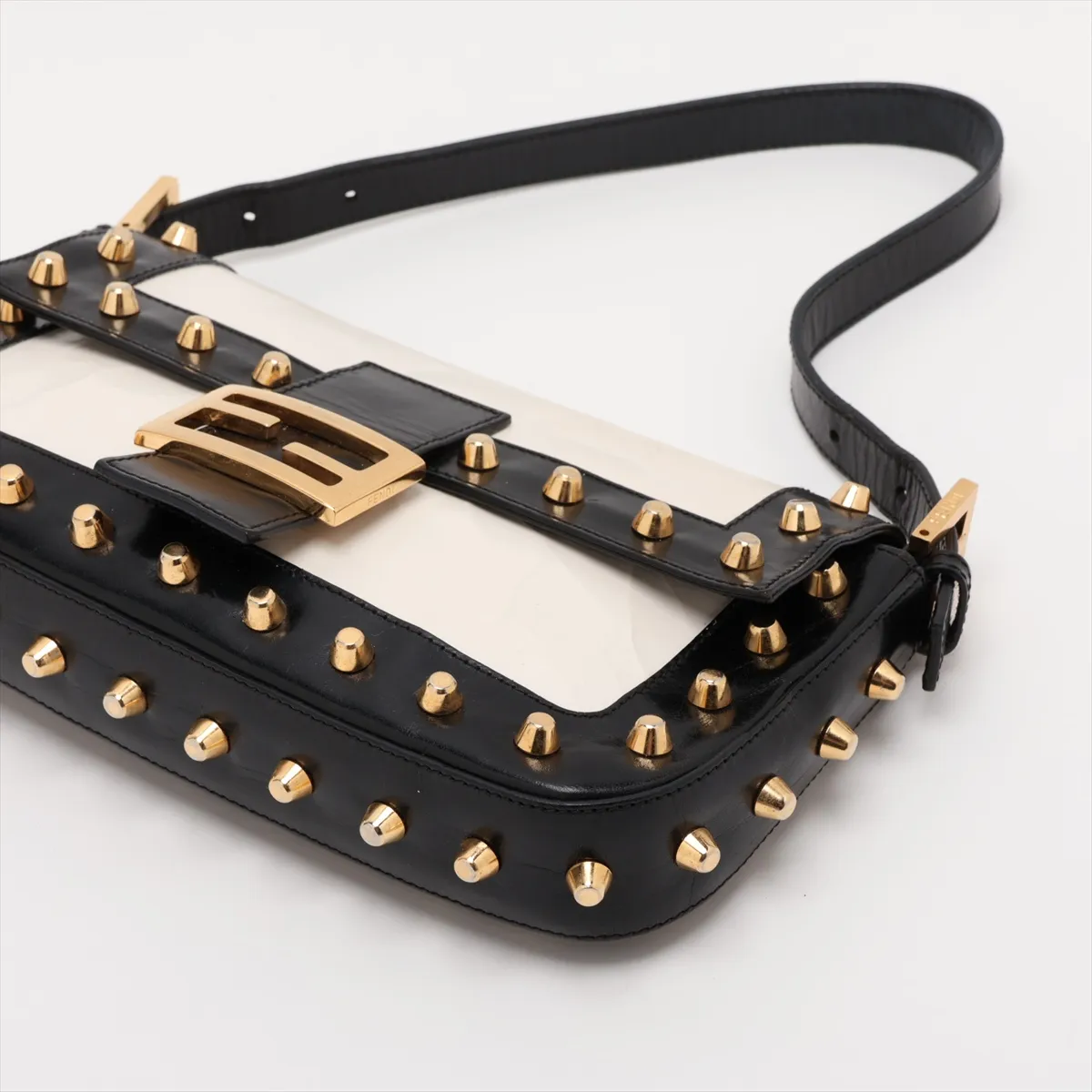 Mamma Bucket Leather Studded Shoulder Bag, White x Black — view 3