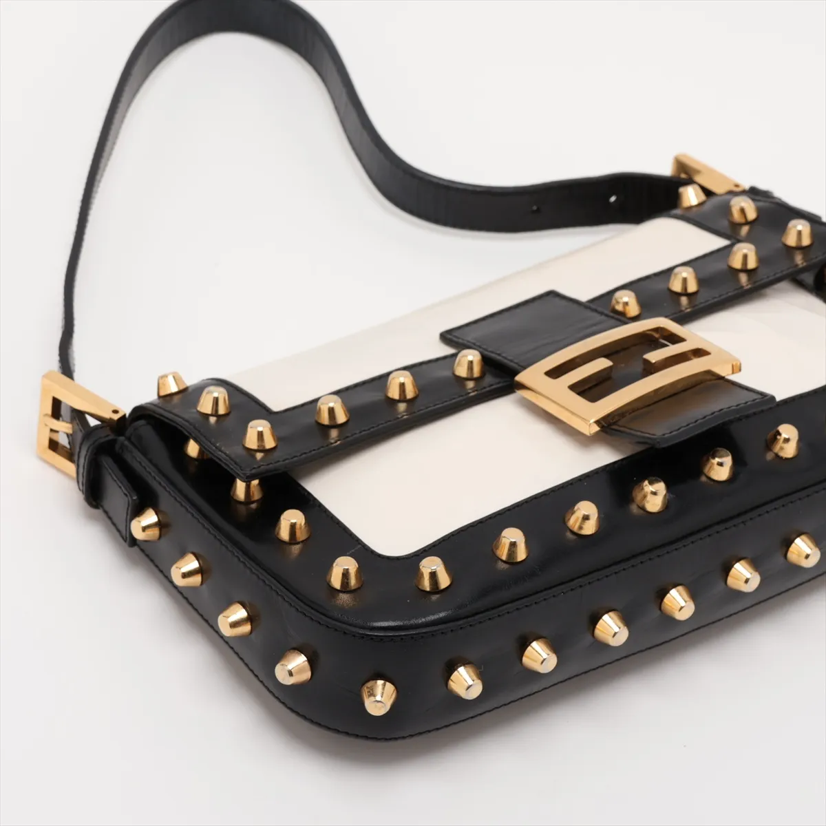 Mamma Bucket Leather Studded Shoulder Bag, White x Black — view 4