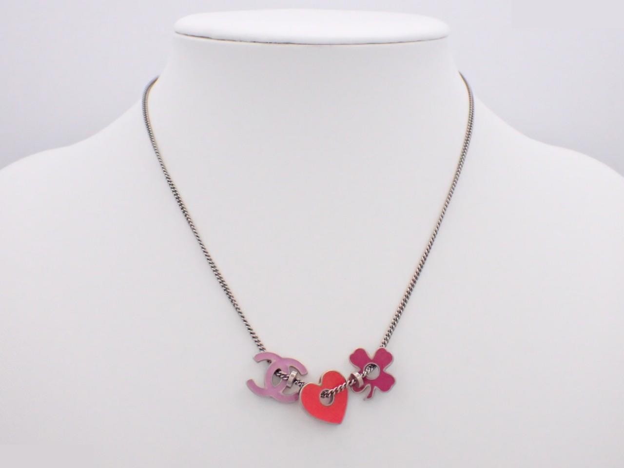 Necklace with Coco Mark, heart, and clover design, silver, chain approximately 42cm long. — view 3