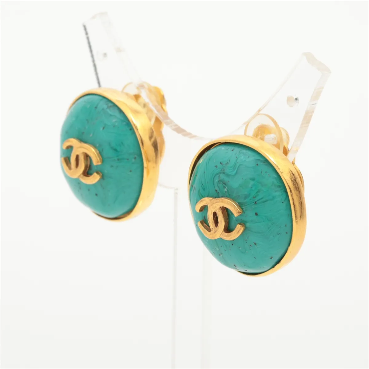 Coco Mark 98P Earrings (Pair) GP Gold x Green. Shows signs of wear, — view 3