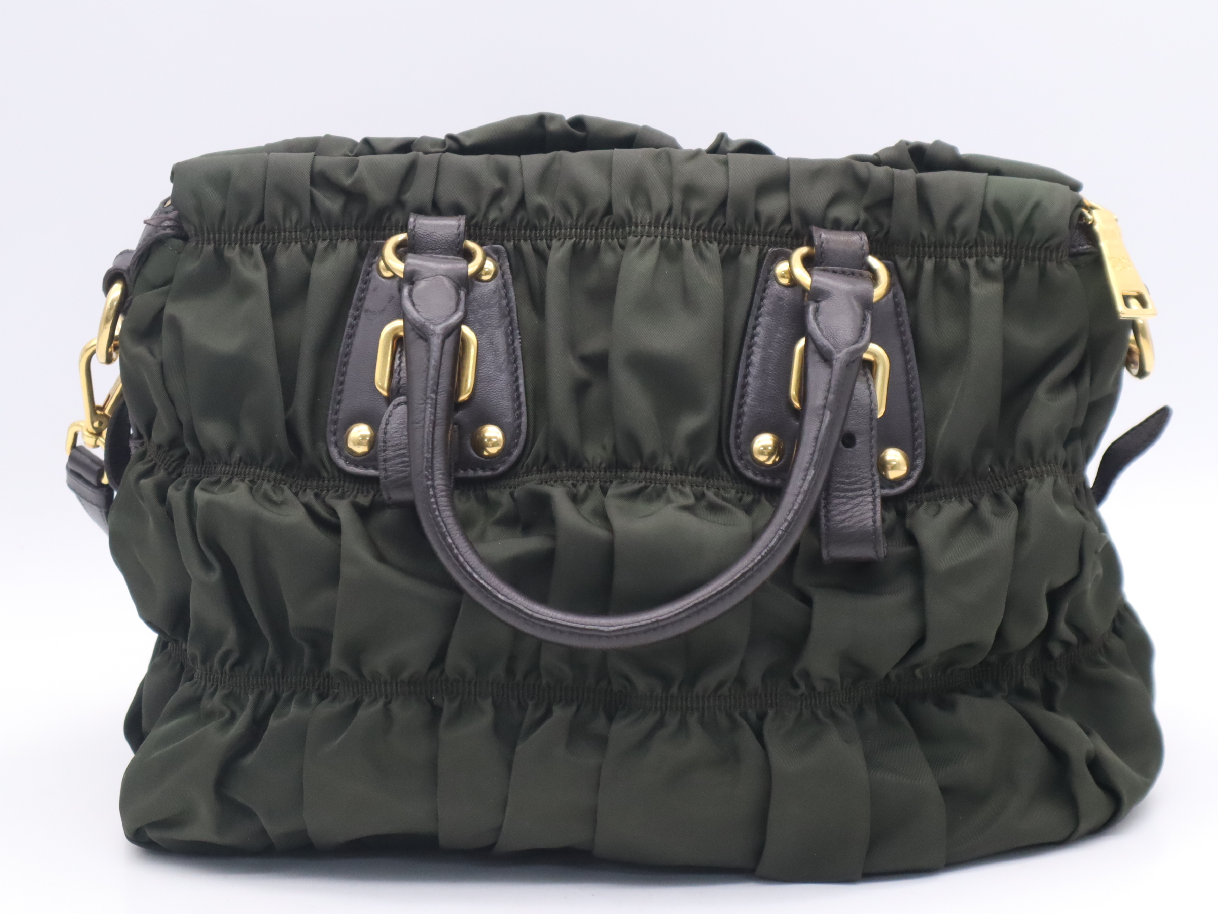 Leather Gathered 2-Way Bag with Shoulder Strap and Name Tag - Khaki/Black Handbag — view 2