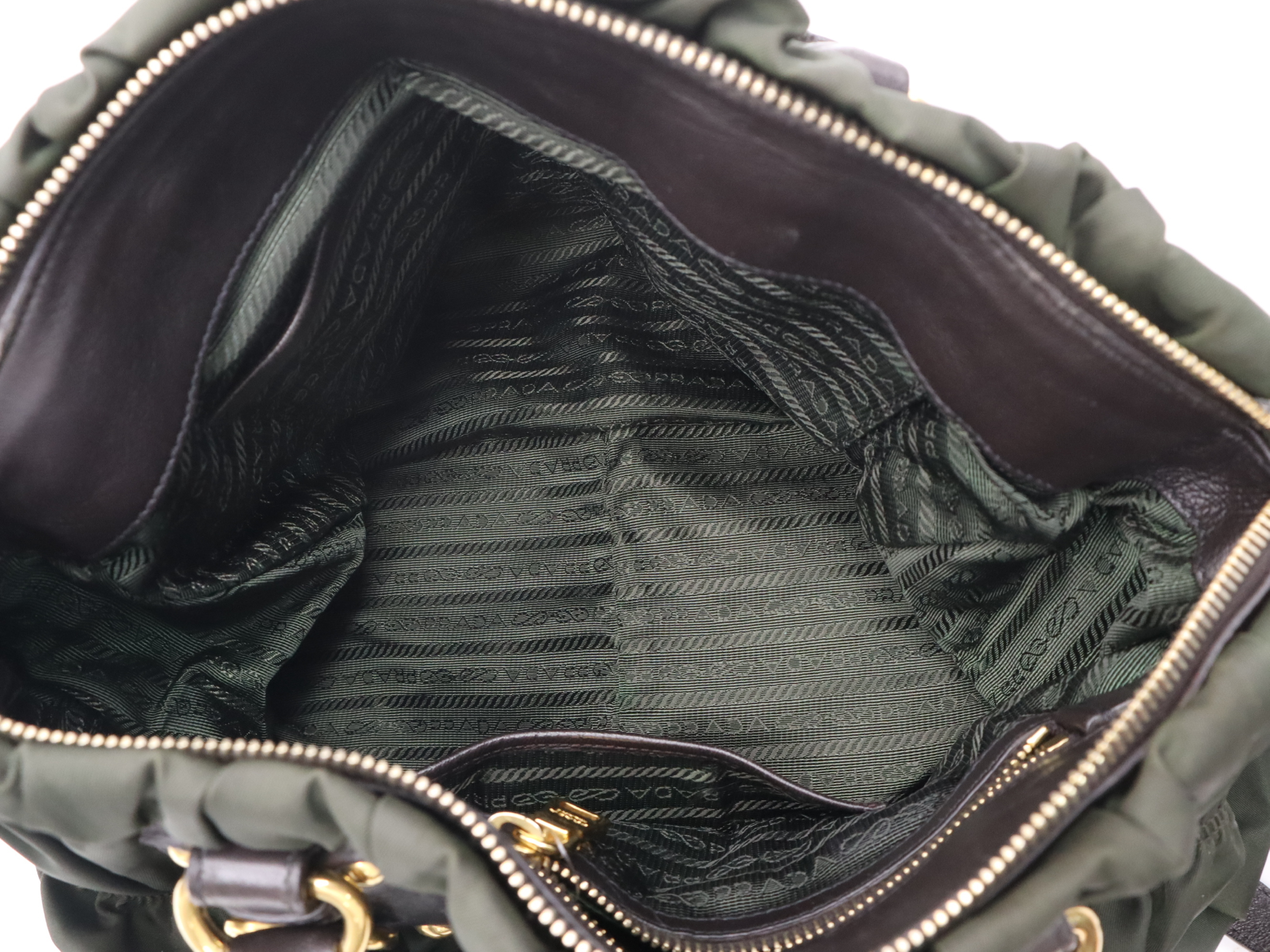 Leather Gathered 2-Way Bag with Shoulder Strap and Name Tag - Khaki/Black Handbag — view 11