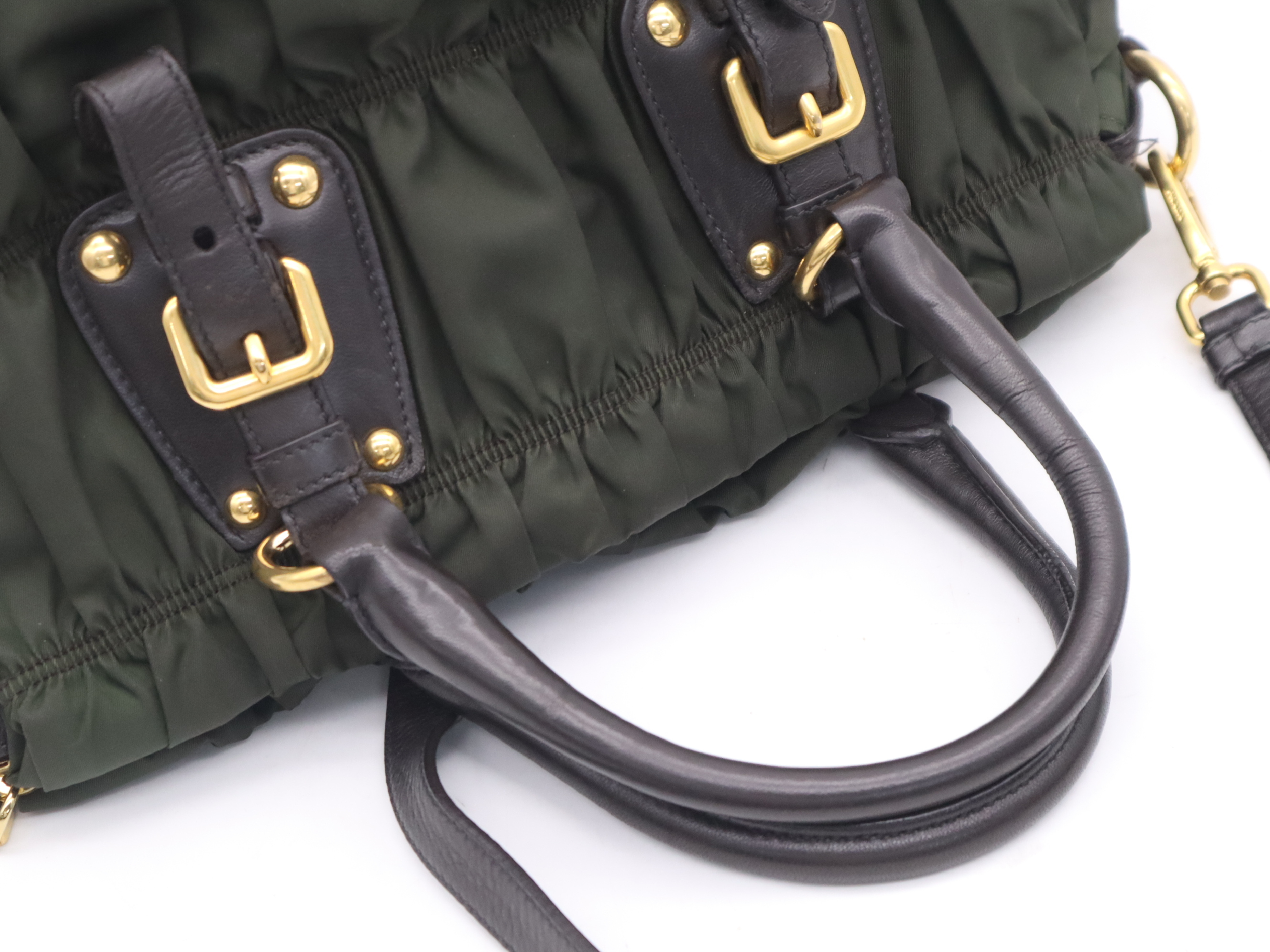 Leather Gathered 2-Way Bag with Shoulder Strap and Name Tag - Khaki/Black Handbag — view 6