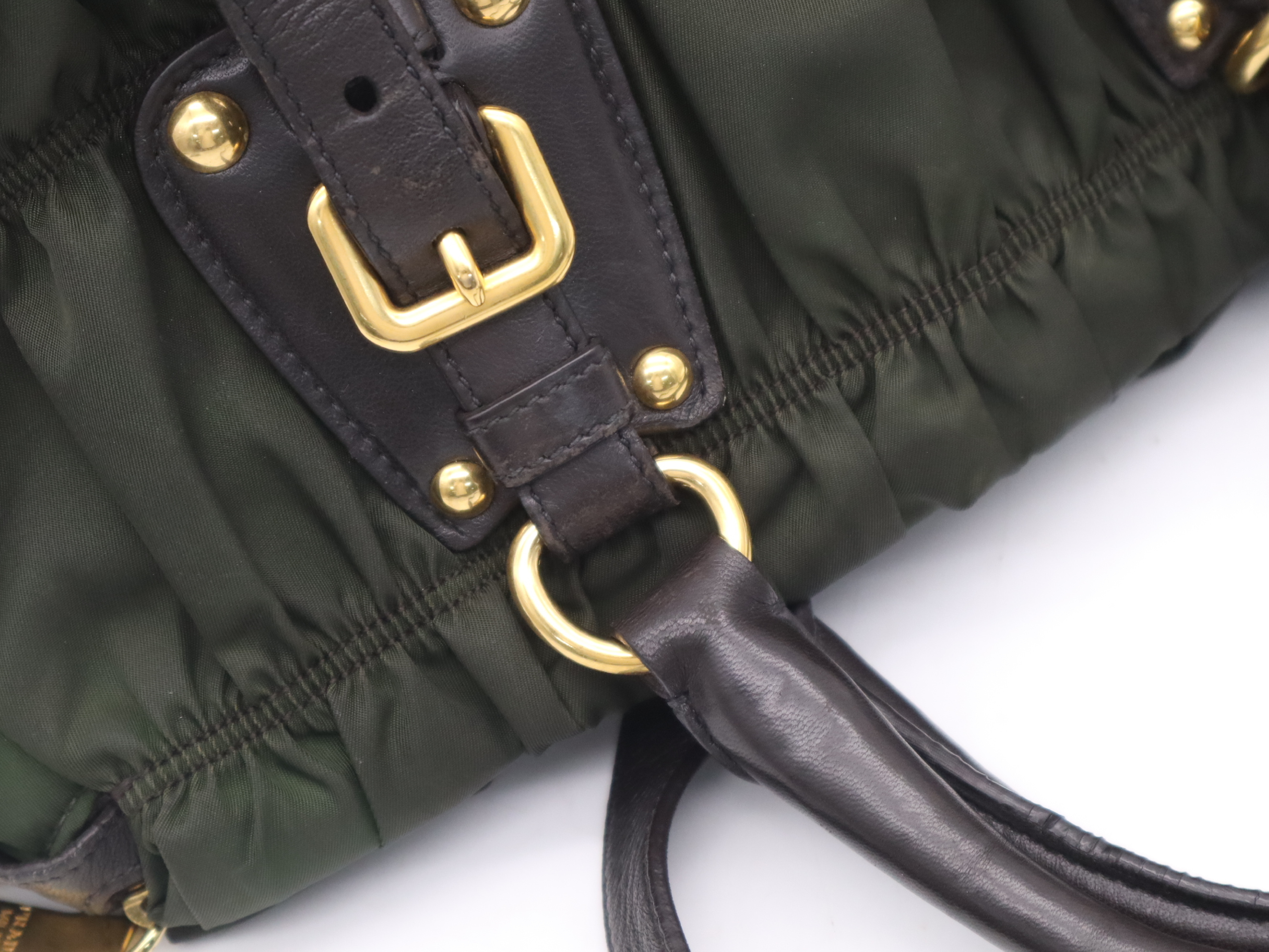 Leather Gathered 2-Way Bag with Shoulder Strap and Name Tag - Khaki/Black Handbag — view 7