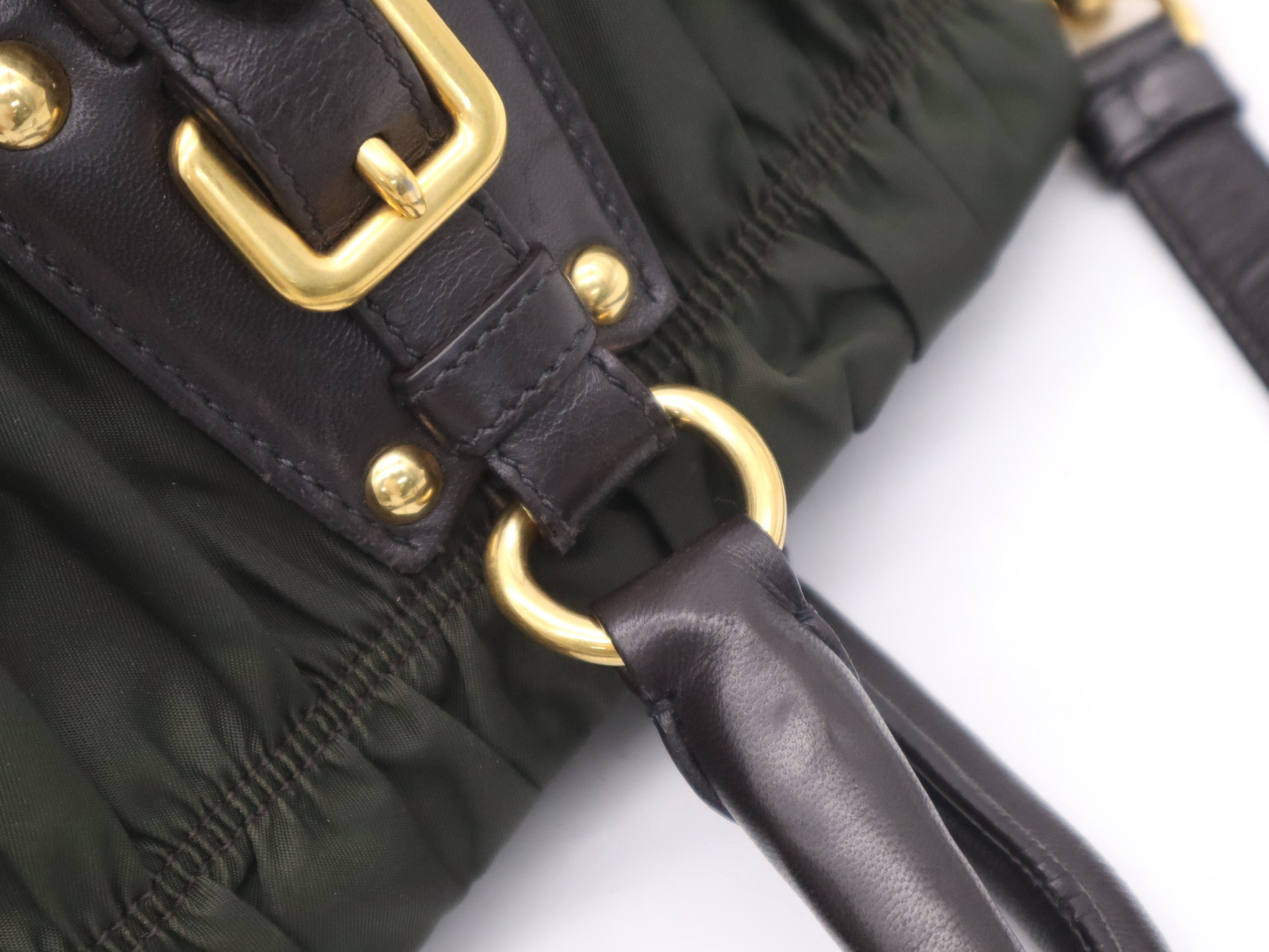 Leather Gathered 2-Way Bag with Shoulder Strap and Name Tag - Khaki/Black Handbag — view 8