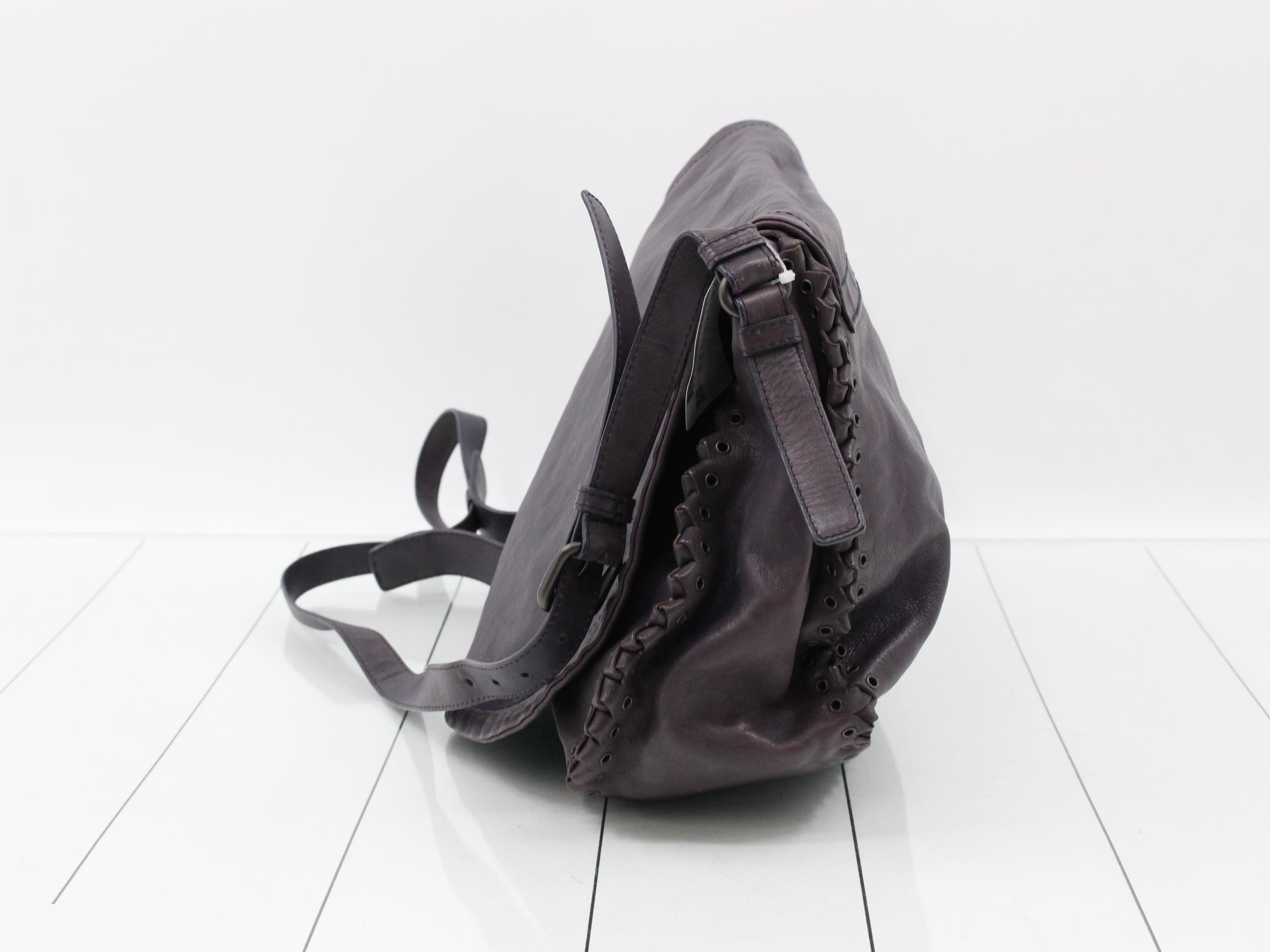 Flap Eyelet Shoulder Bag, Leather, Purple-Gray — view 3