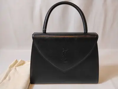 Leather Top Handle YSL Logo Black Handbag