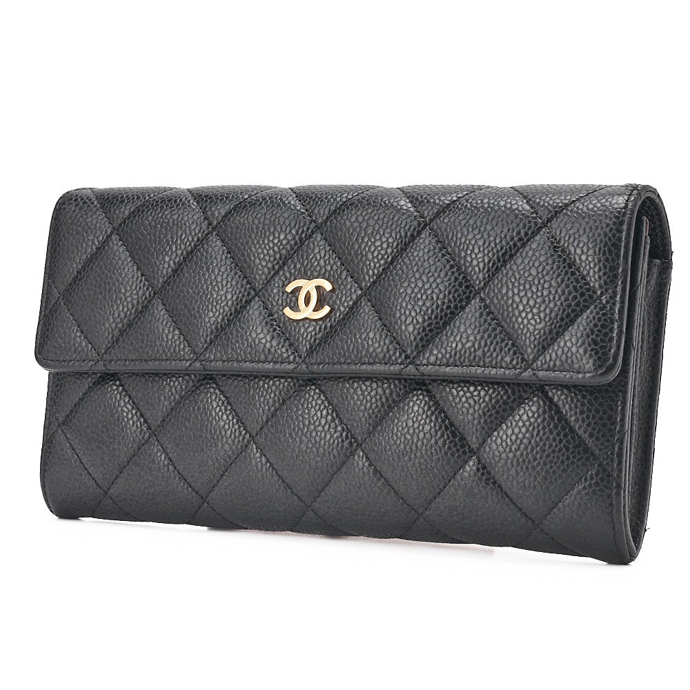 Caviar leather Matelassé bi-fold long wallet, black, gold hardware, serial number 21 series. — view 3