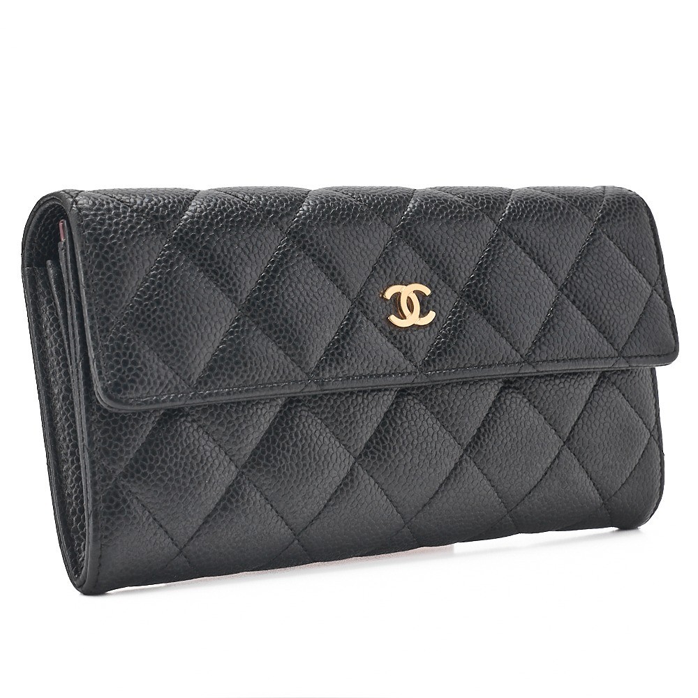 Caviar leather Matelassé bi-fold long wallet, black, gold hardware, serial number 21 series. — view 4
