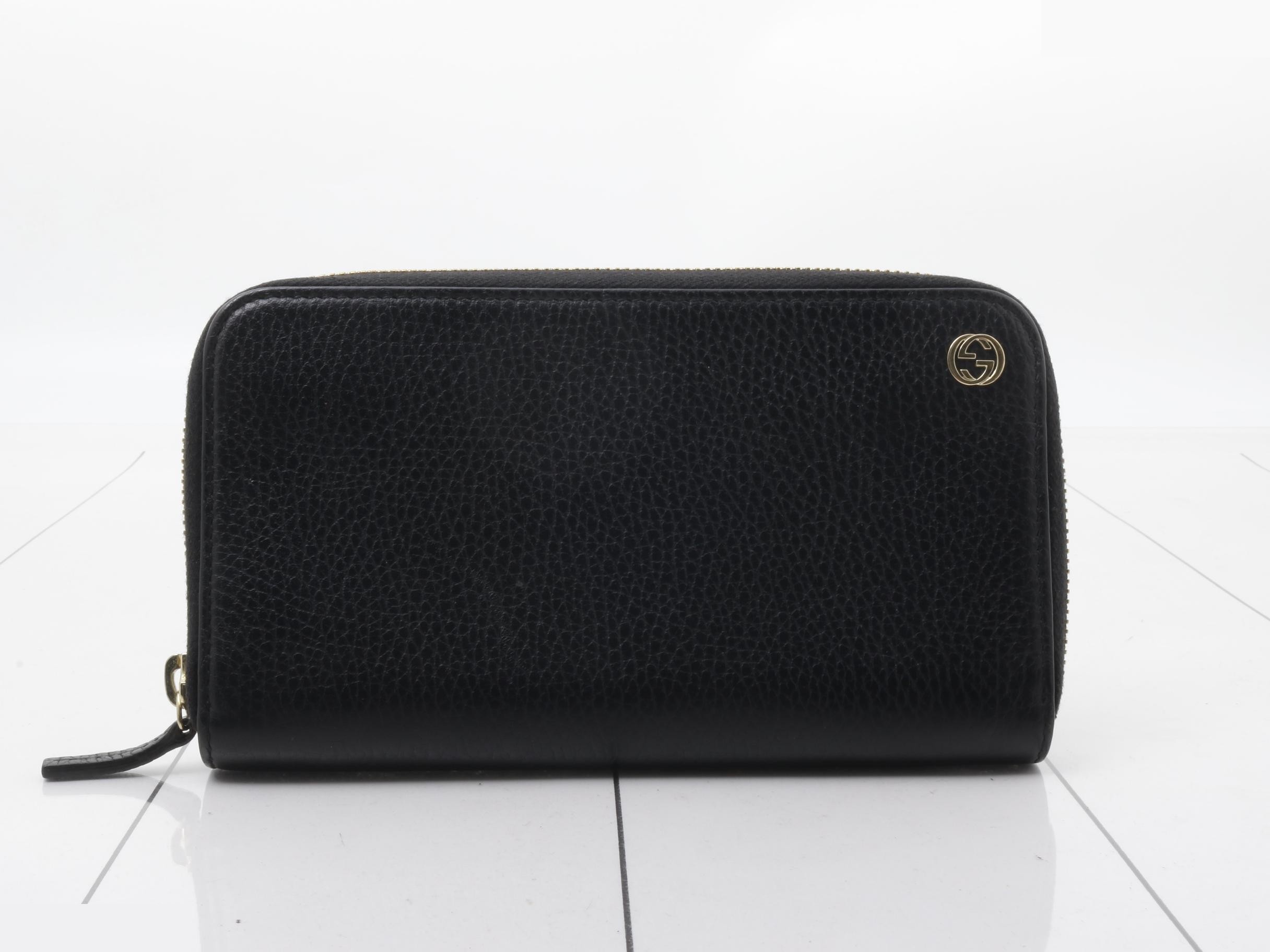Interlocking G Long Wallet, Black Leather, Round Zipper