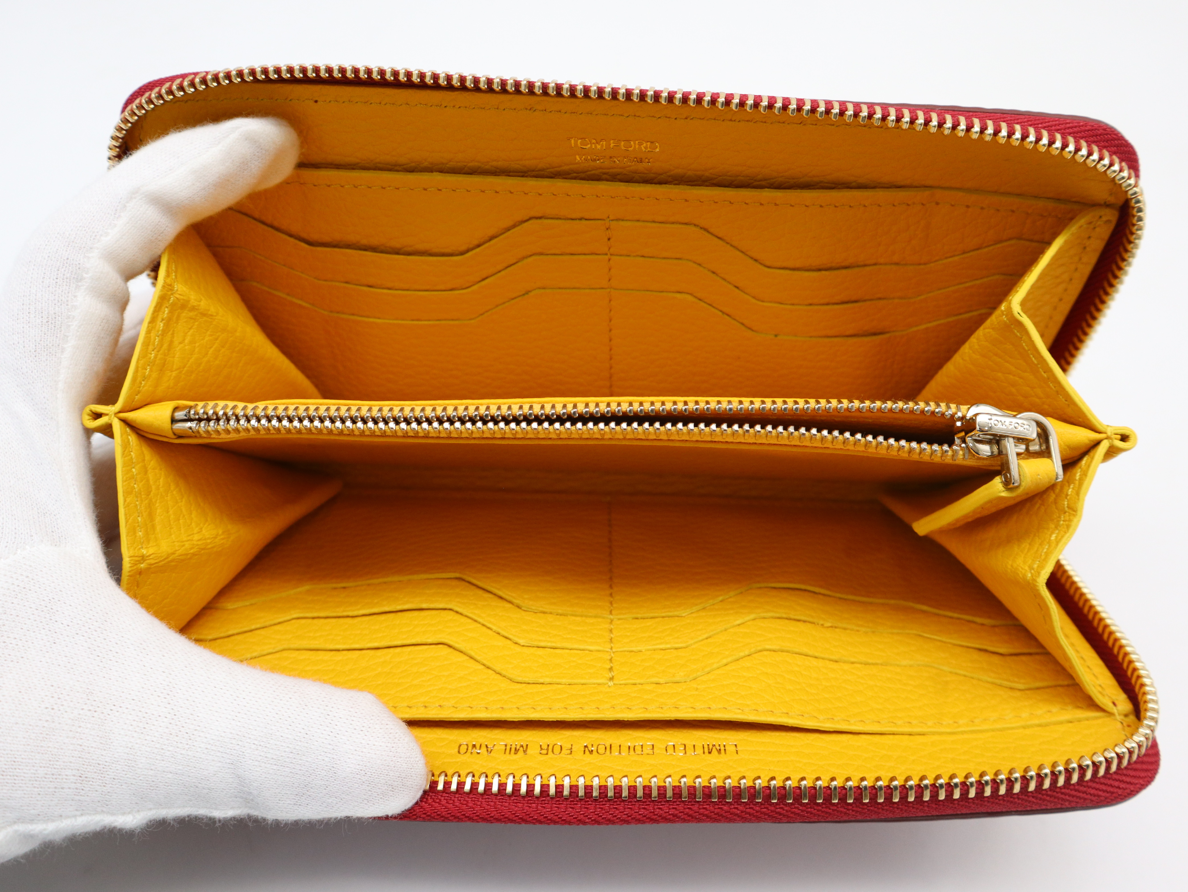 Leather Round Zip Wallet, Wine Red/Yellow, Silver Hardware, with Dust Bag — view 8
