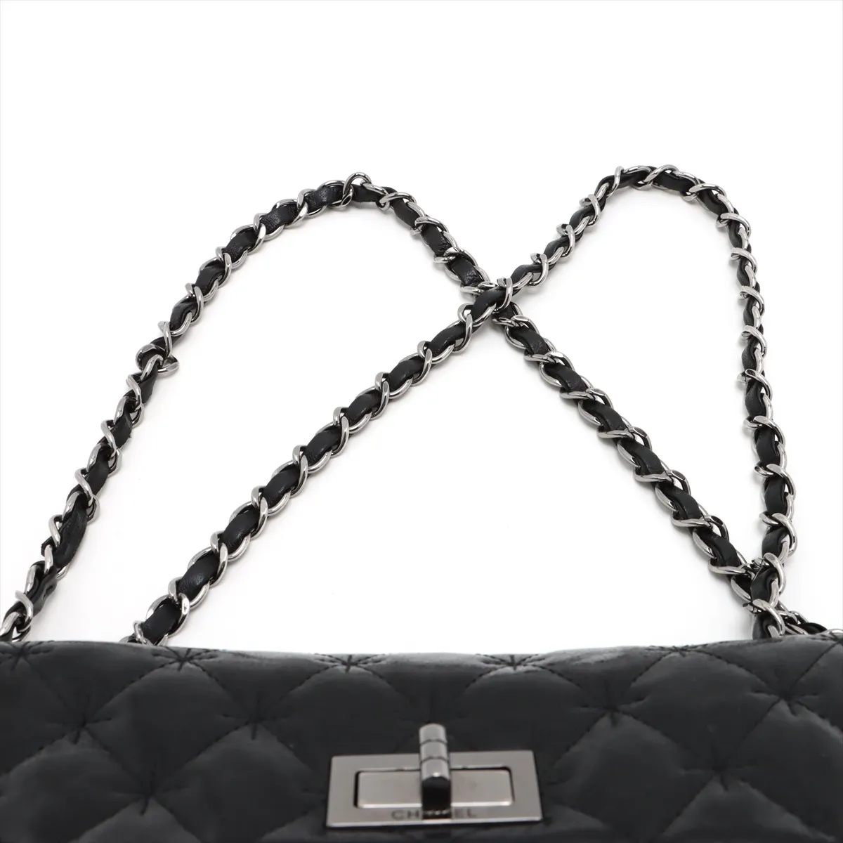 Matelassé 2.55 Coated Leather Single Flap Double Chain Bag, Black, Silver Hardware, 10258509 (Serial Number in the 10s) — view 6