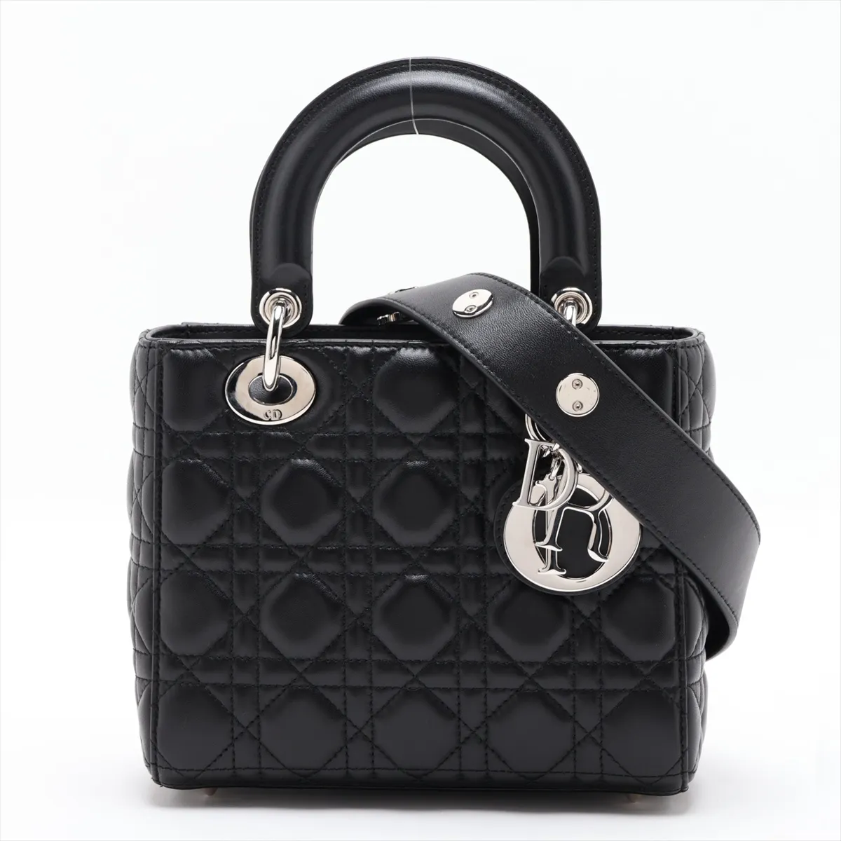 Cannage My Lady Dior Leather 2-Way Handbag, Black, with Charm