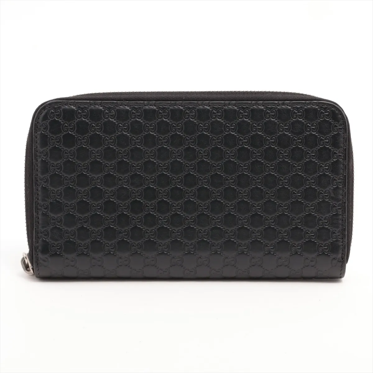 Microguccissima 544473 Leather Round Zip Wallet, Black, with G stamp.