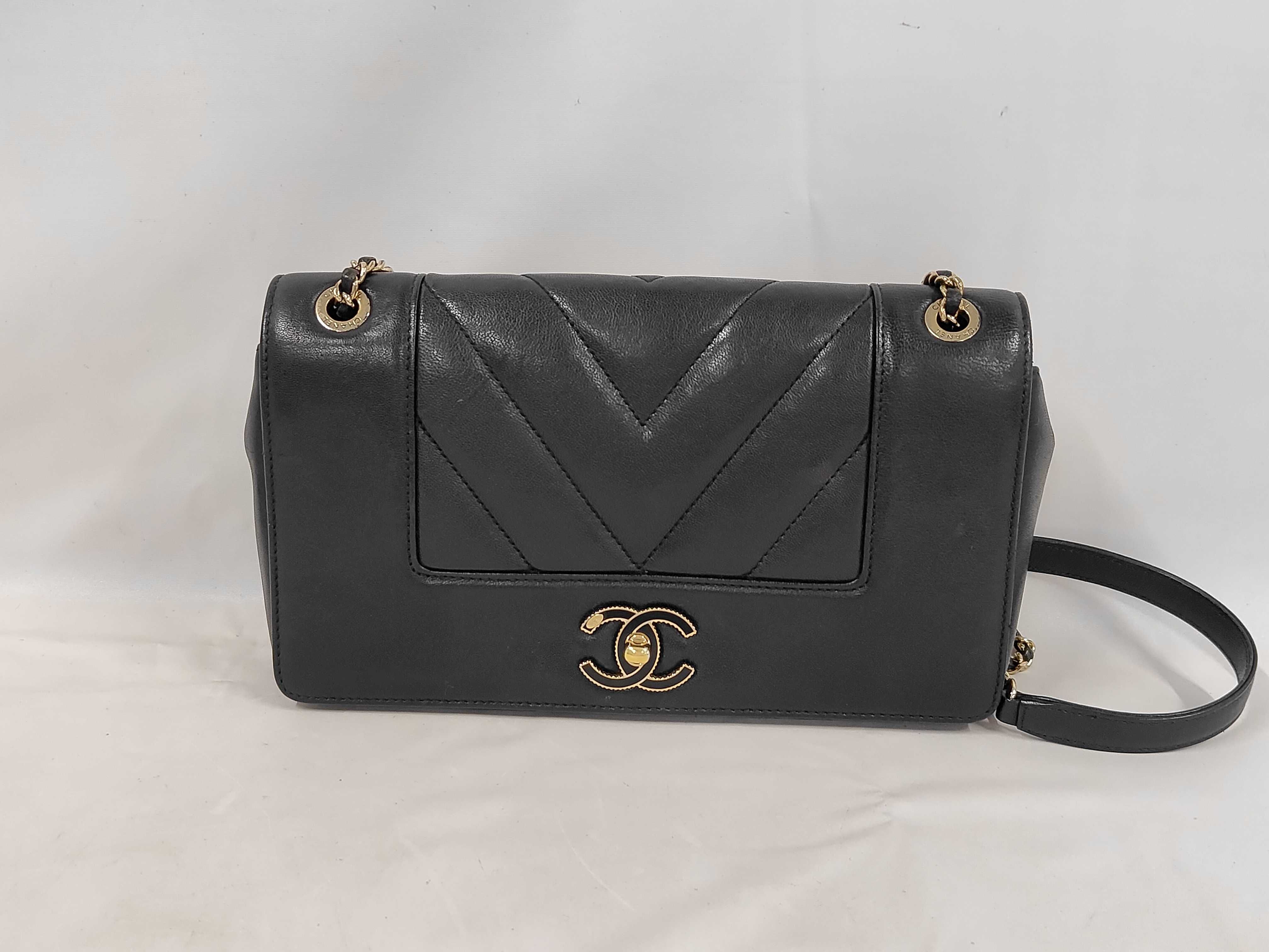 Chevron V-stitch Chain Shoulder Bag, Lambskin, Black, Gold Hardware, with original seal, serial number 24-series.