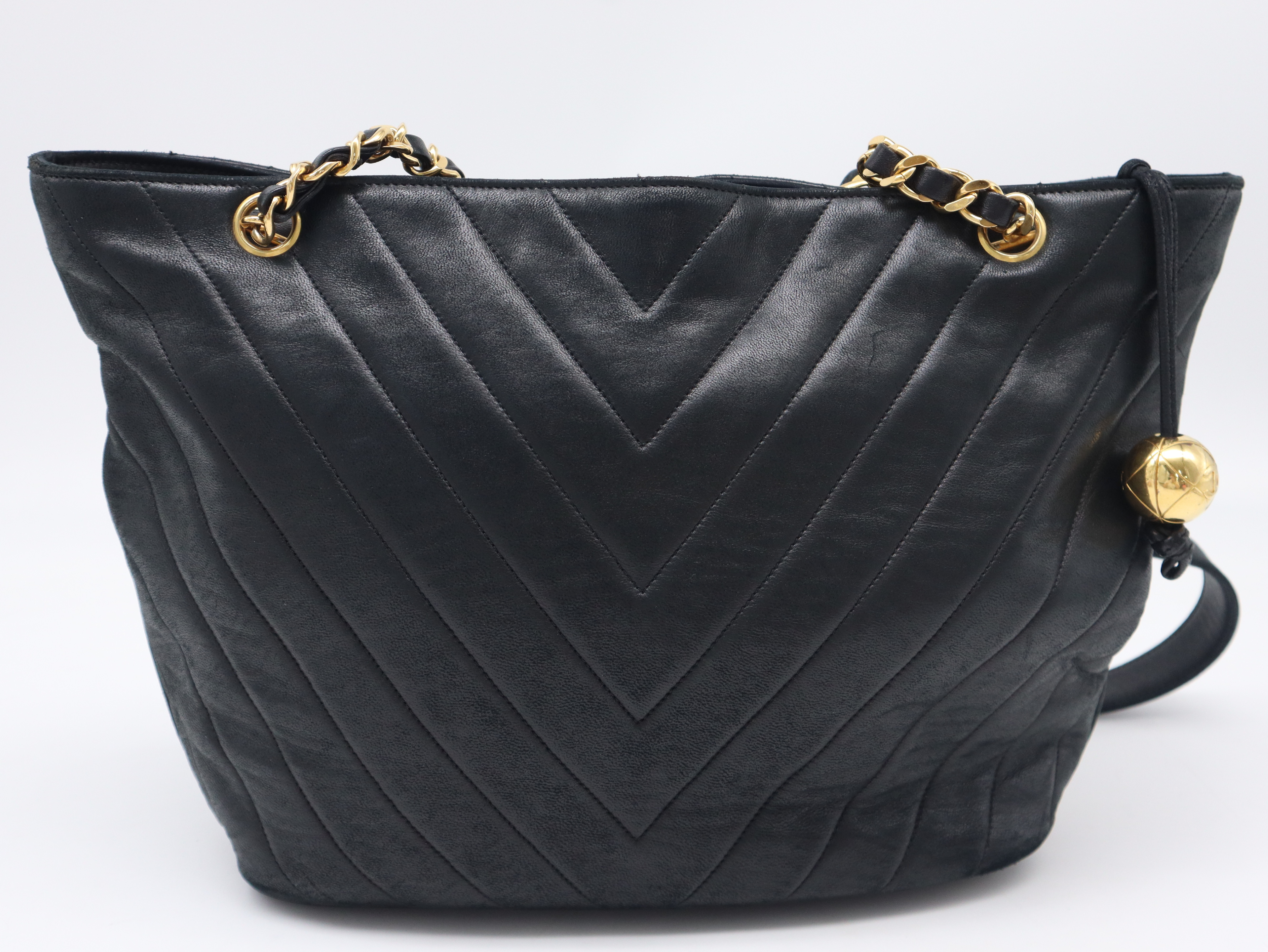 Lambskin V-stitch Chain Shoulder Bag with Gold Hardware, Black — view 2