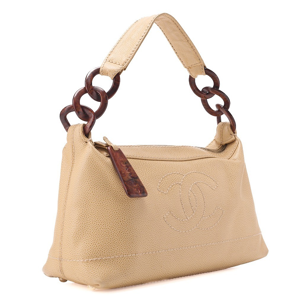 Caviar leather handbag with Coco Mark wood pattern, beige, gold hardware, serial number 7. — view 3