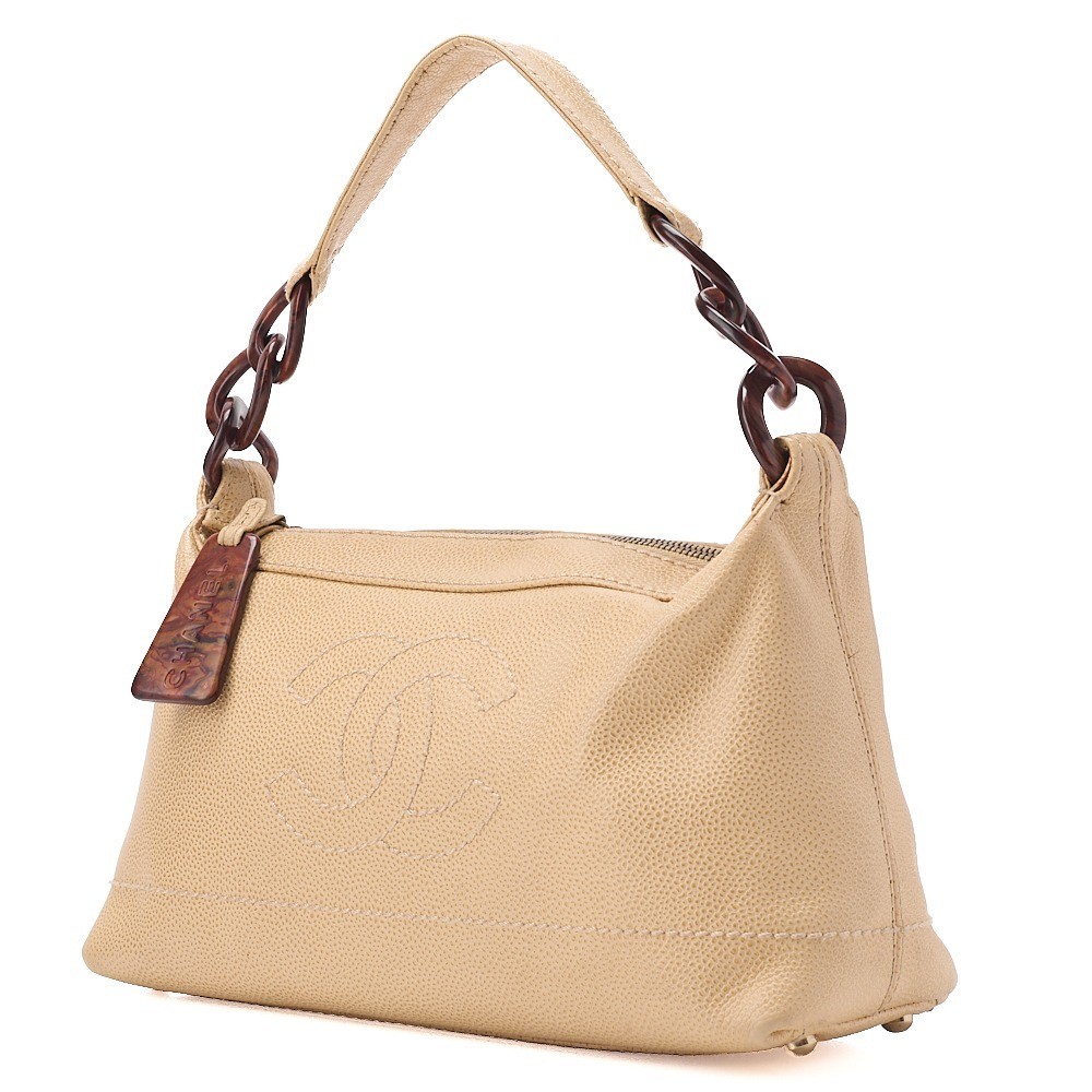 Caviar leather handbag with Coco Mark wood pattern, beige, gold hardware, serial number 7. — view 4