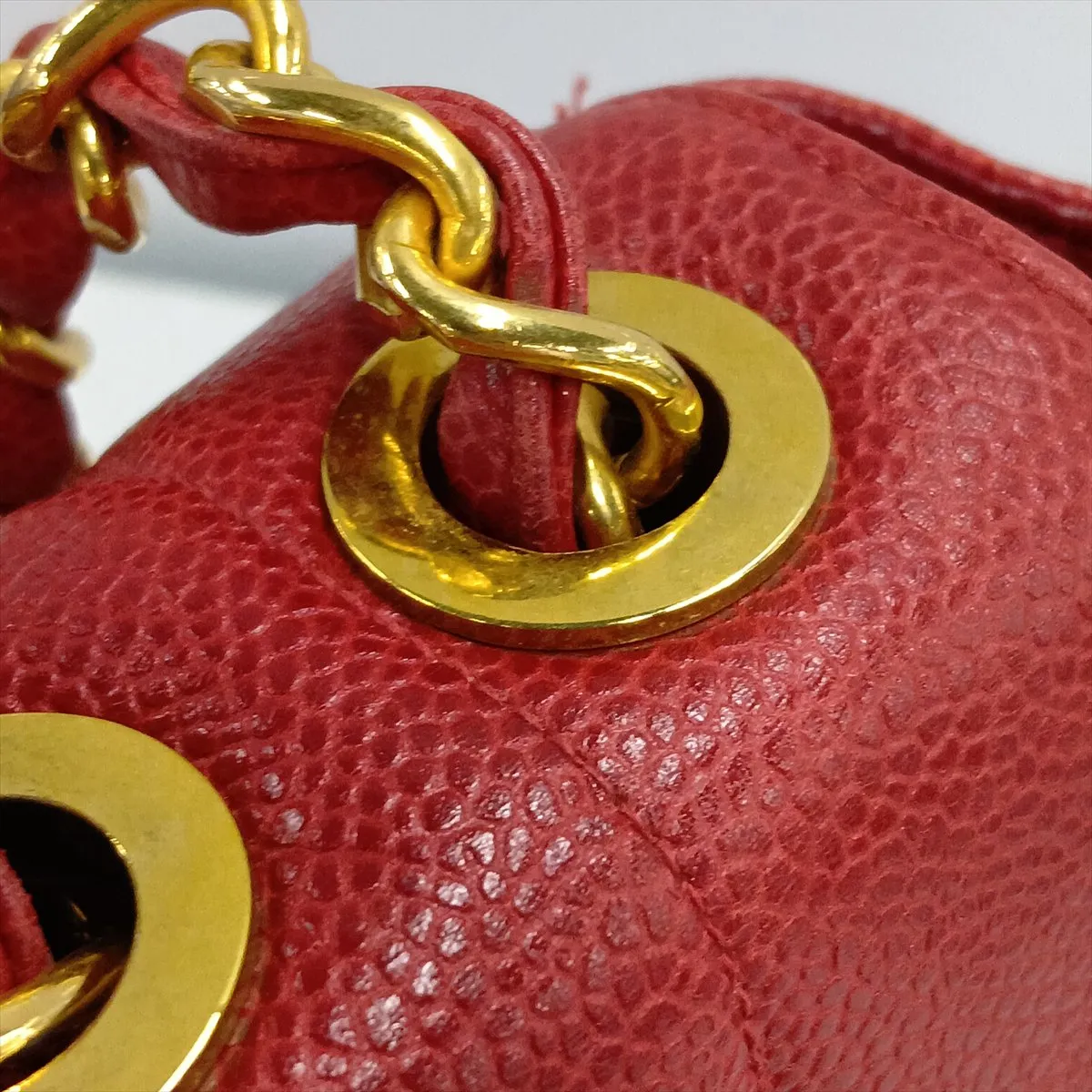Mademoiselle Caviar Skin Single Flap Double Chain Bag, Red with Gold Hardware — view 12
