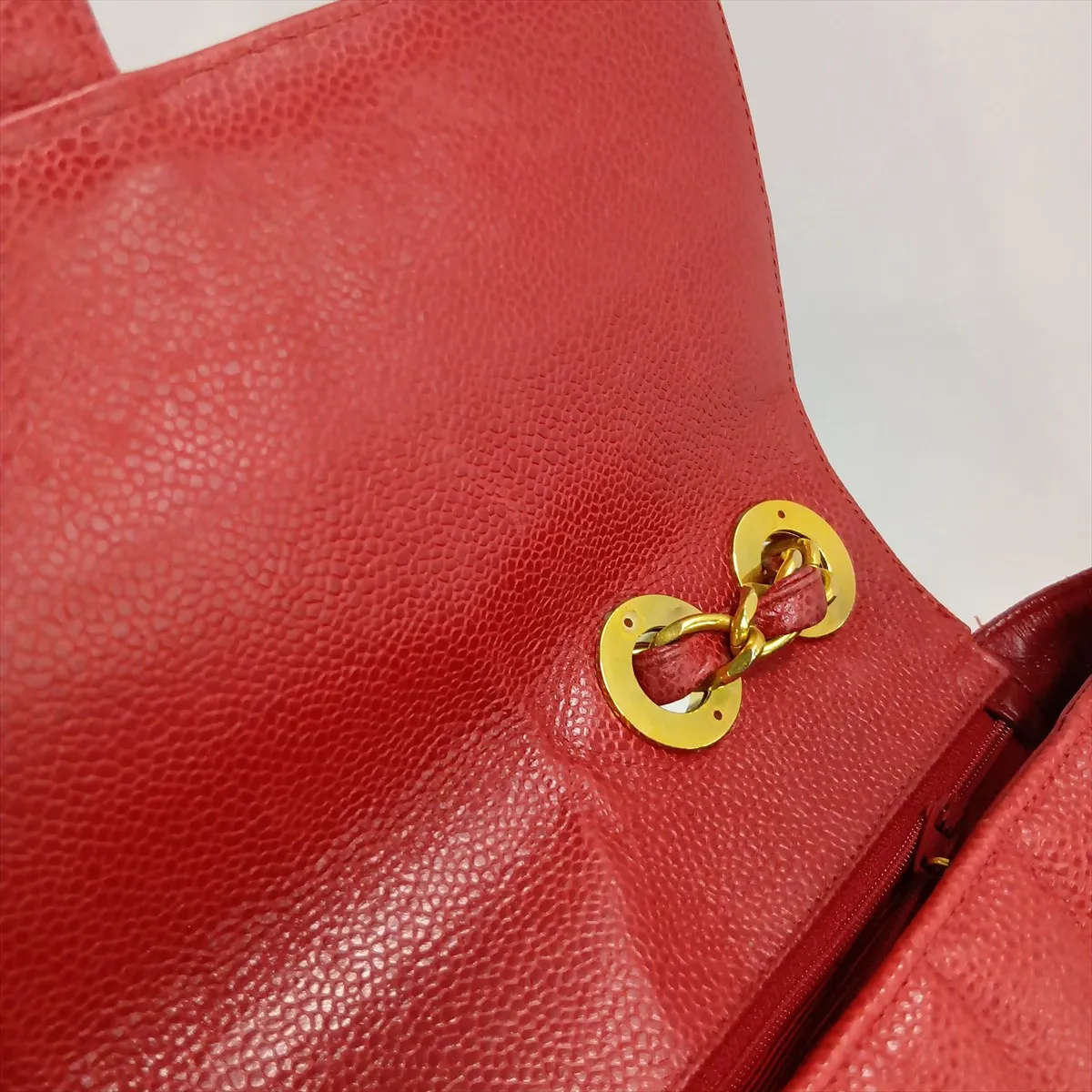 Mademoiselle Caviar Skin Single Flap Double Chain Bag, Red with Gold Hardware — view 15