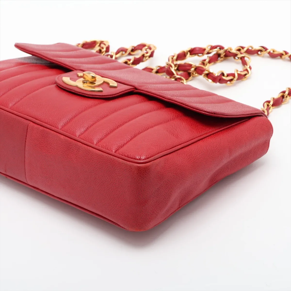 Mademoiselle Caviar Skin Single Flap Double Chain Bag, Red with Gold Hardware — view 3
