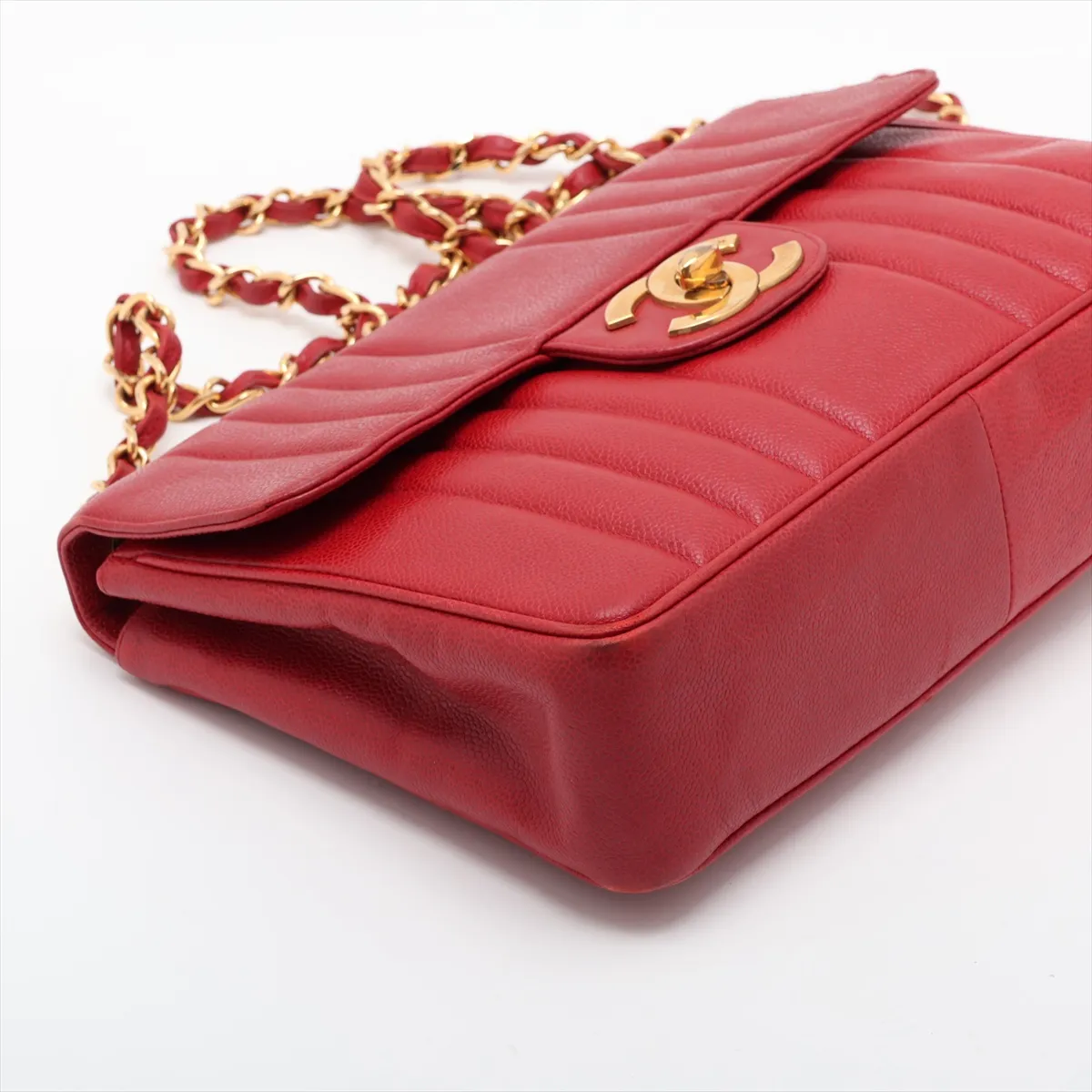 Mademoiselle Caviar Skin Single Flap Double Chain Bag, Red with Gold Hardware — view 4