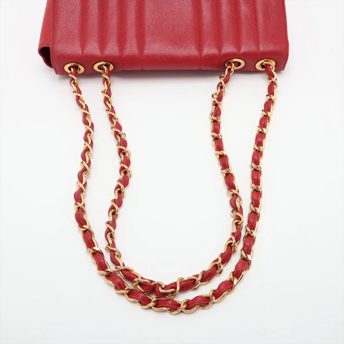 Mademoiselle Caviar Skin Single Flap Double Chain Bag, Red with Gold Hardware — view 5