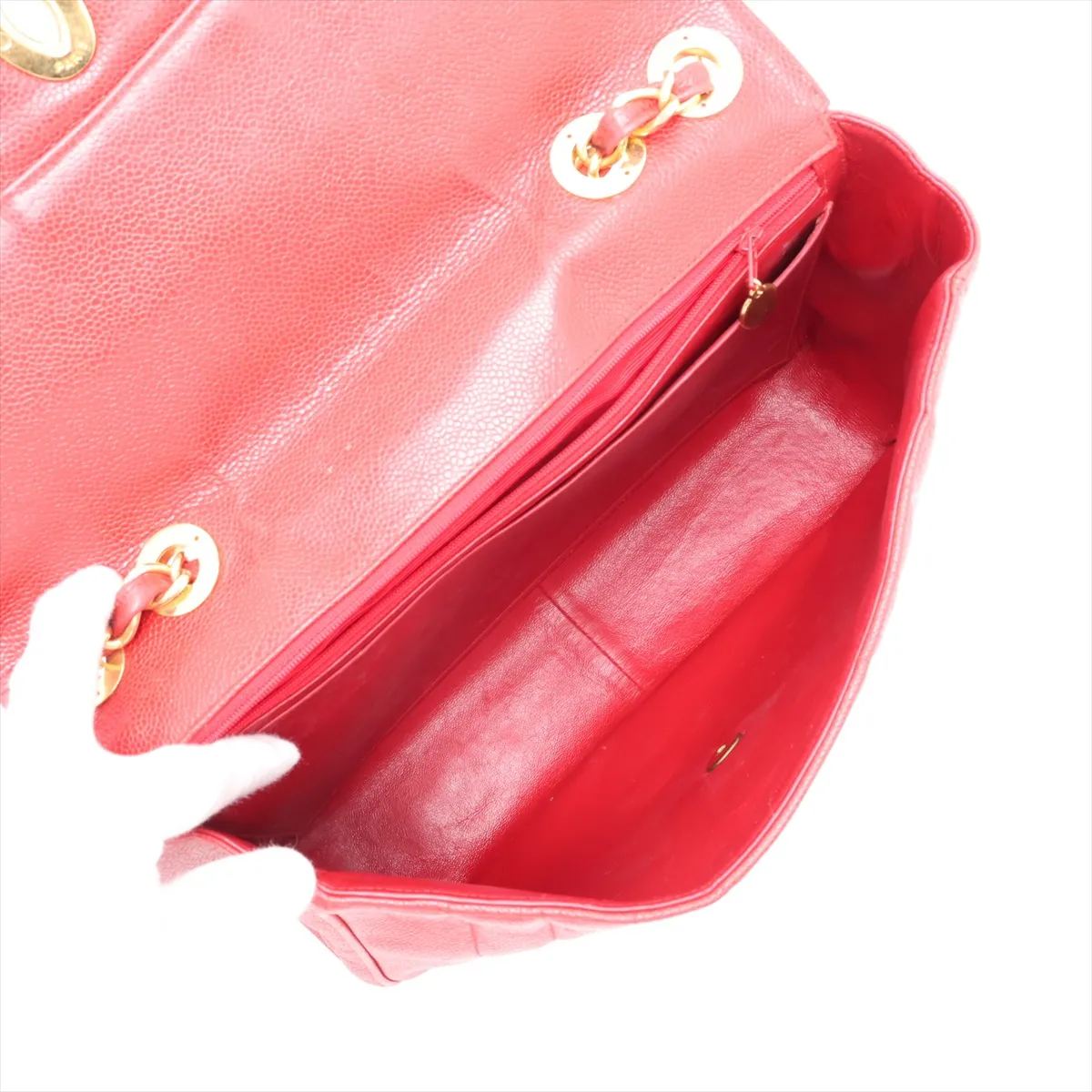 Mademoiselle Caviar Skin Single Flap Double Chain Bag, Red with Gold Hardware — view 7