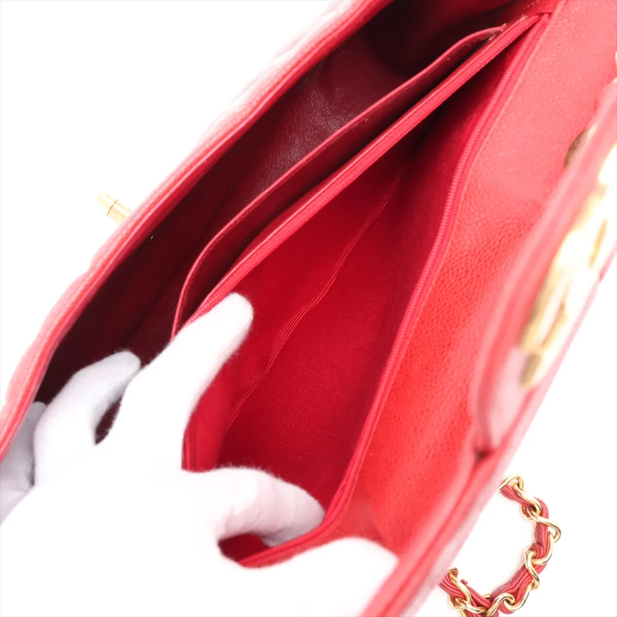 Mademoiselle Caviar Skin Single Flap Double Chain Bag, Red with Gold Hardware — view 9