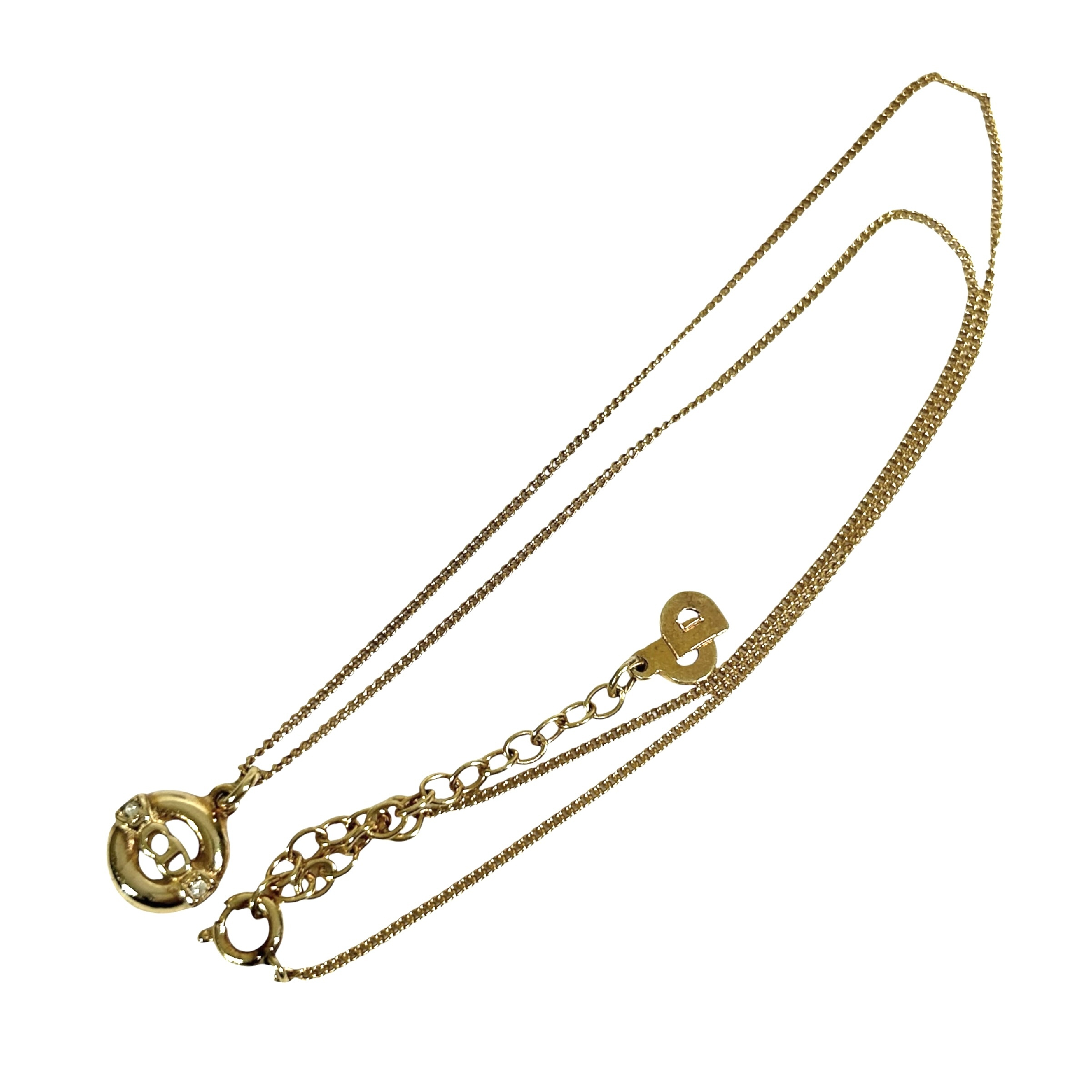 CD logo rhinestone circle round necklace, 44cm total length, 1cm pendant width, gold-toned. — view 2