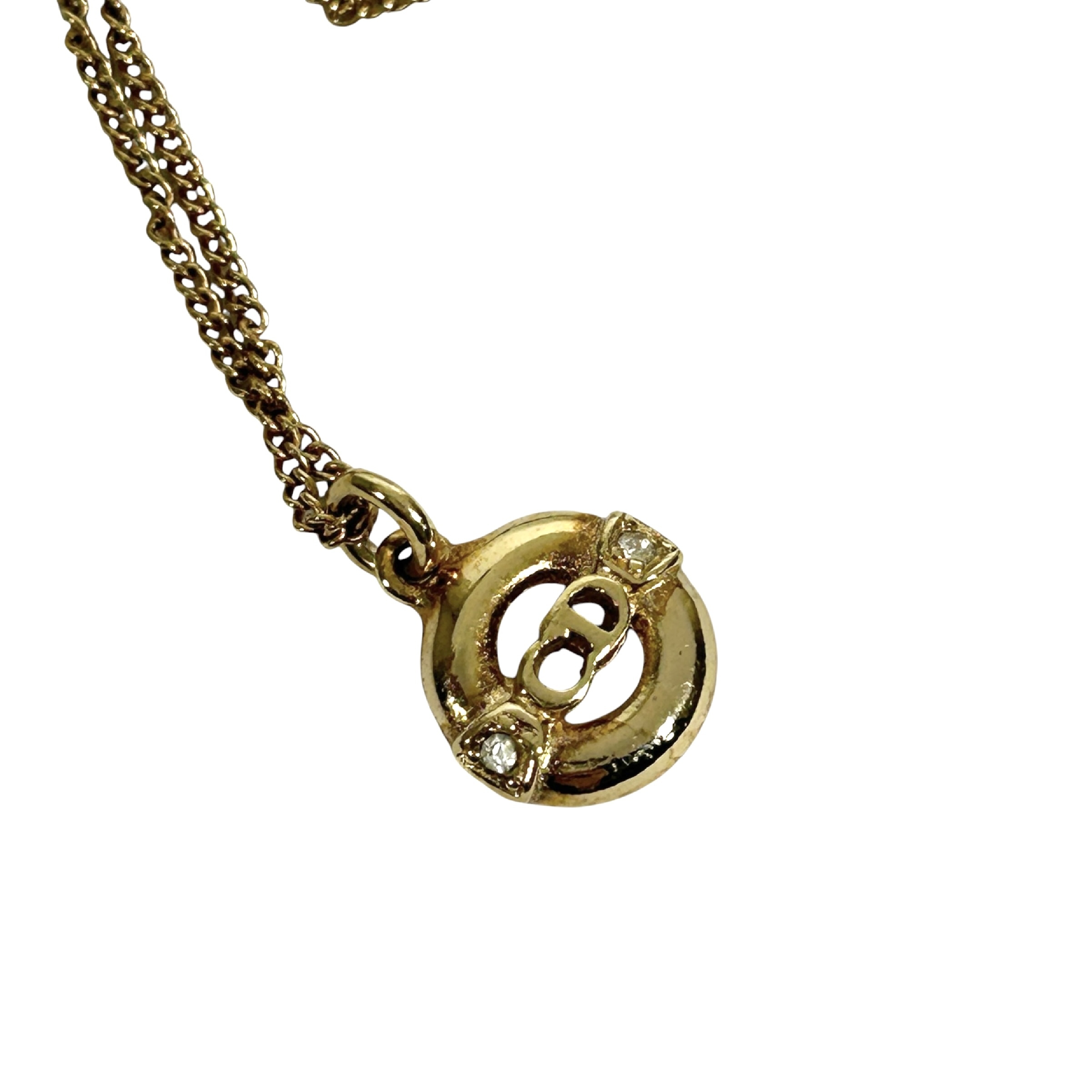 CD logo rhinestone circle round necklace, 44cm total length, 1cm pendant width, gold-toned. — view 5