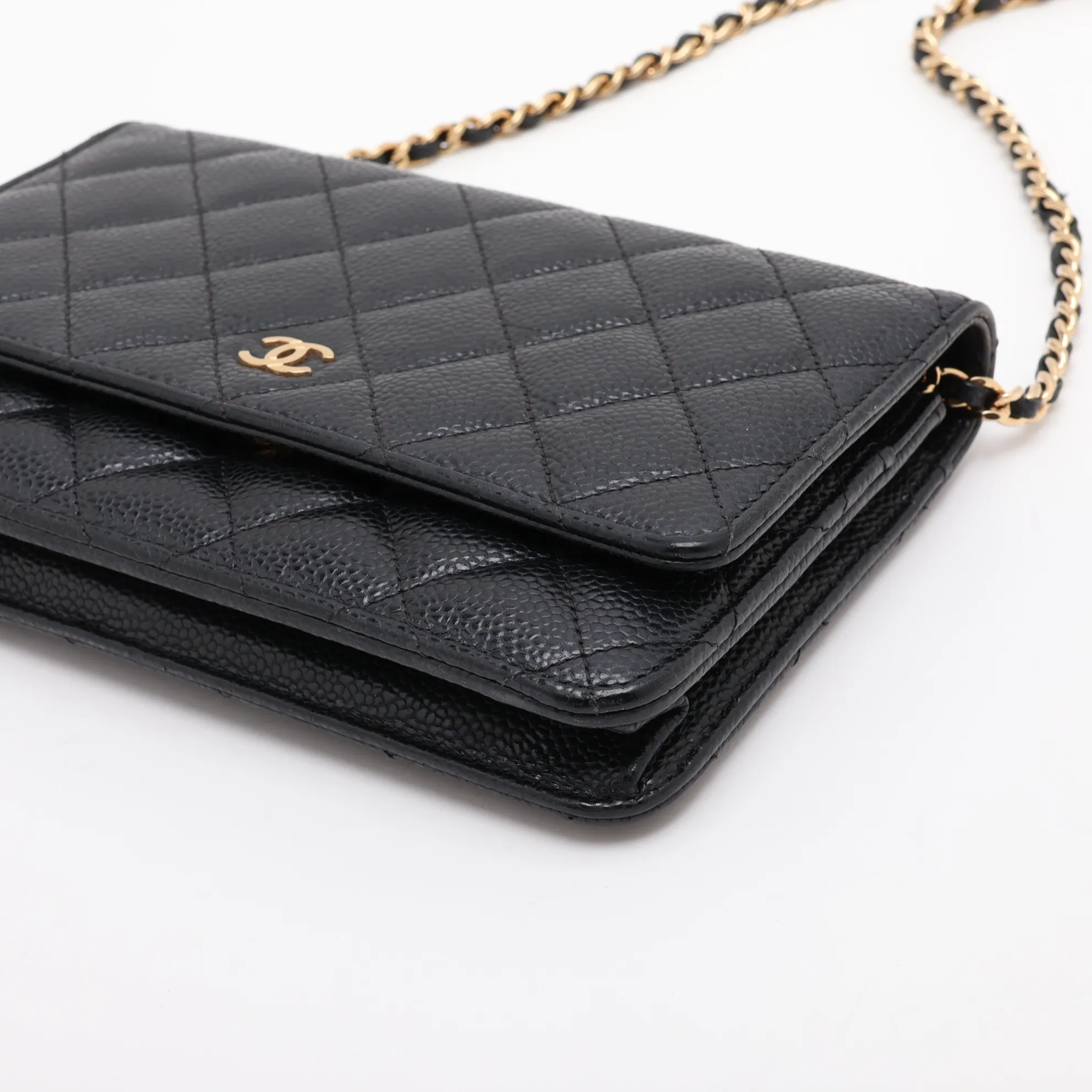 Matelassé Caviar Skin Chain Shoulder Bag, Black with Gold Hardware, GTJAH8P6, Random Plate, AP0250 — view 3