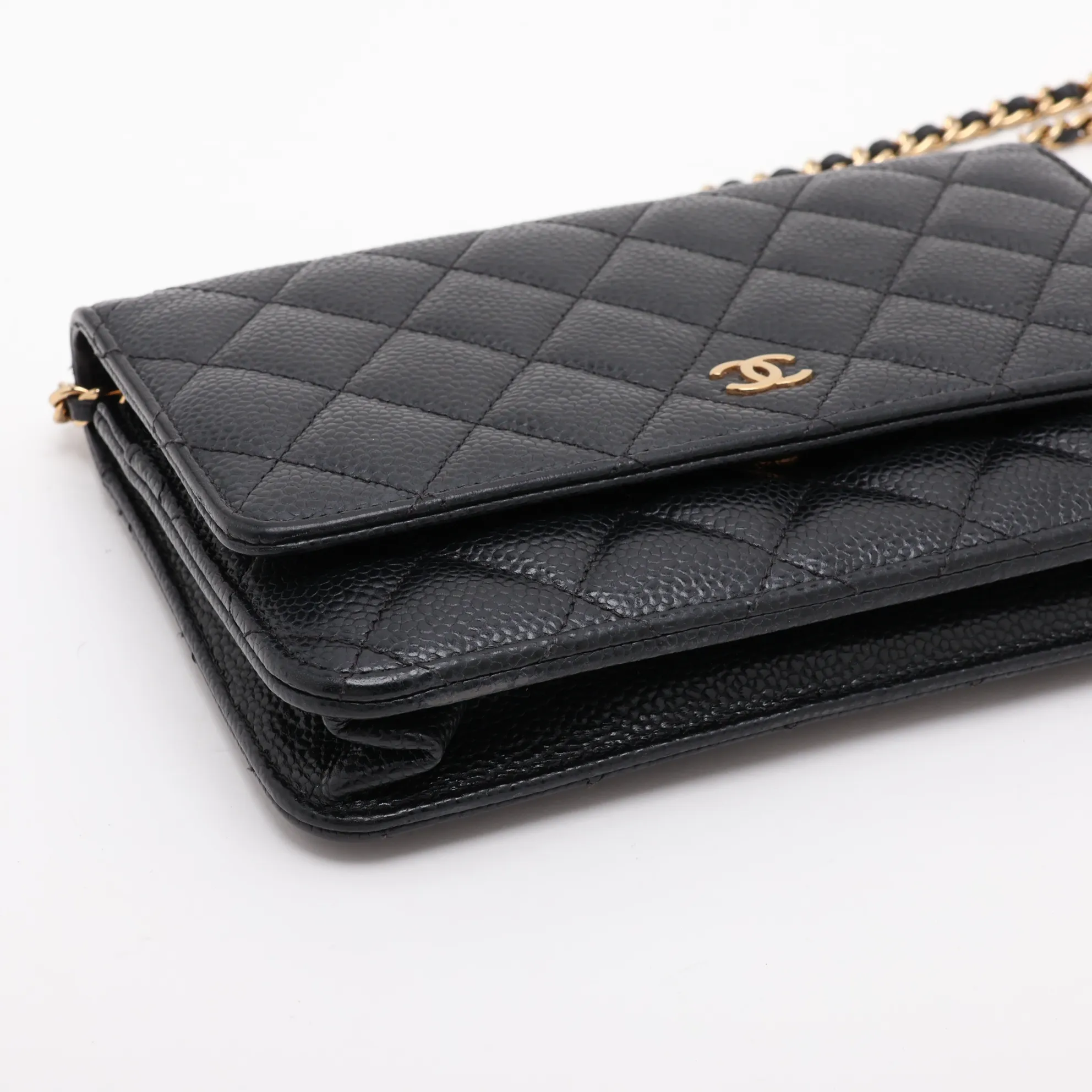 Matelassé Caviar Skin Chain Shoulder Bag, Black with Gold Hardware, GTJAH8P6, Random Plate, AP0250 — view 4