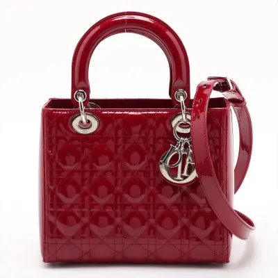 Cannage Lady Dior Patent Leather 2-Way Handbag, Red