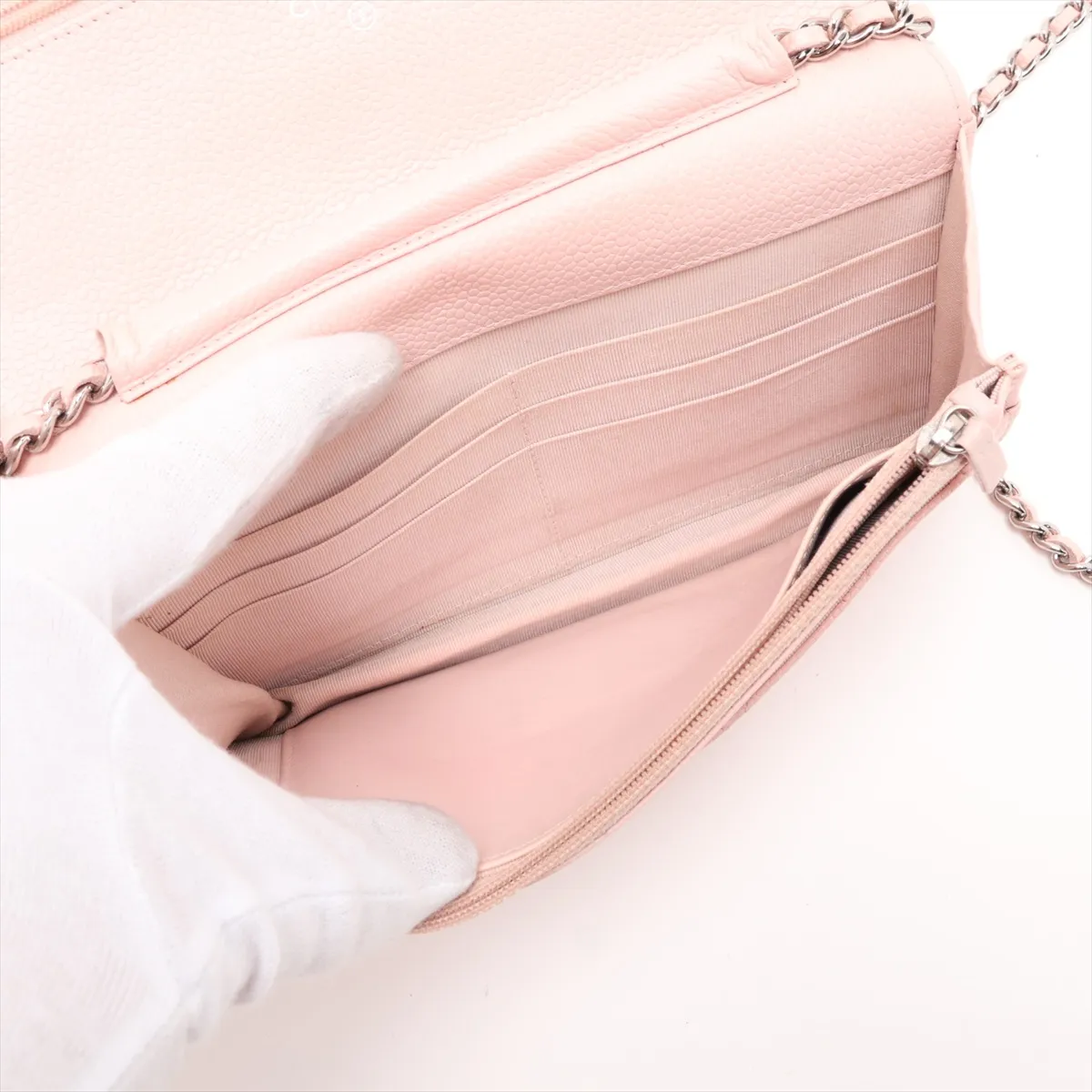 Matelassé Caviar Skin Chain Wallet, Pink, Silver Hardware, 18748109, Serial Number 18-series, AP0250 — view 6