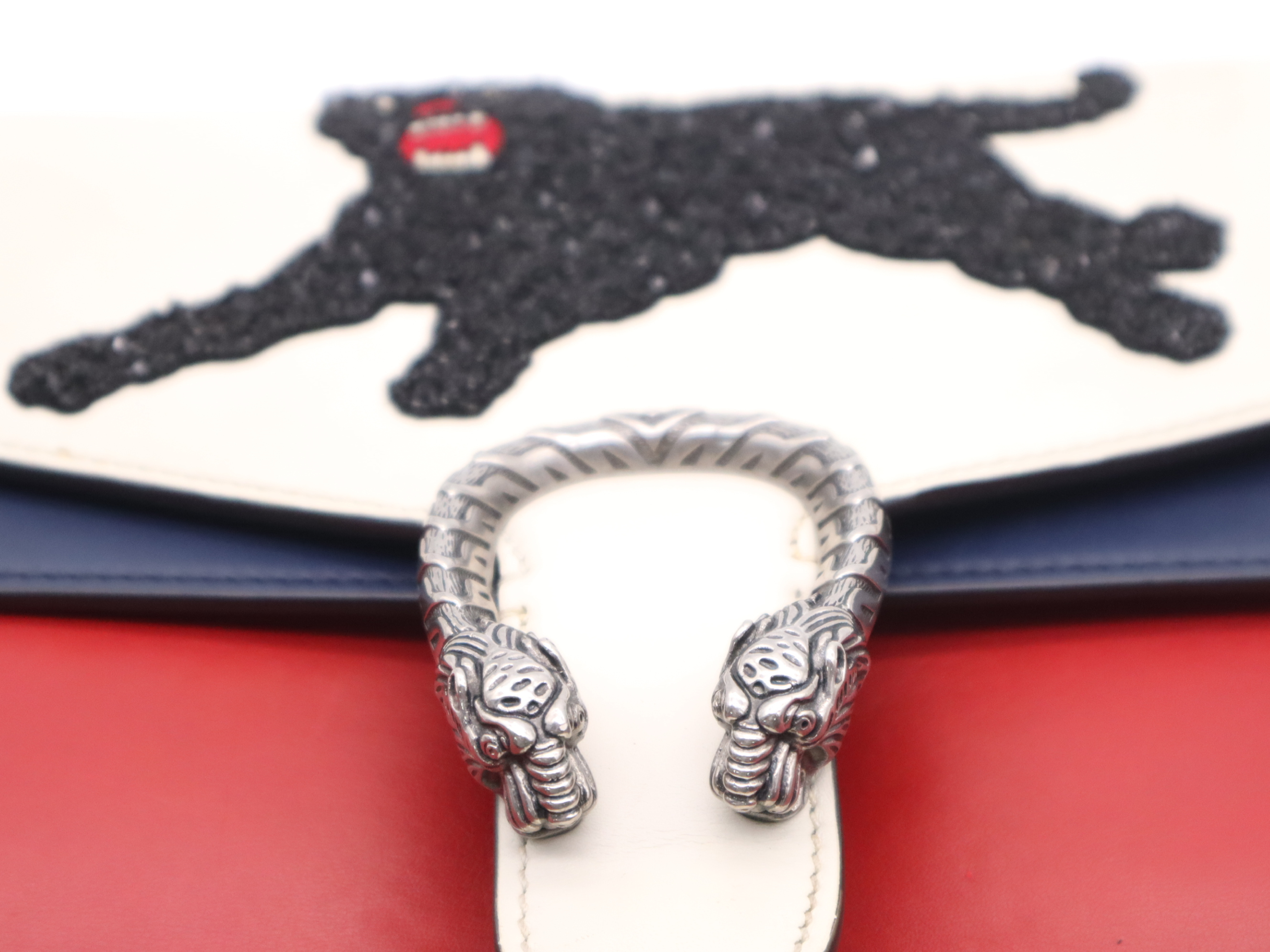 403343 Leather Dionysus Panther Chain Shoulder Bag (White, Blue, Red, Silver Hardware) — view 12