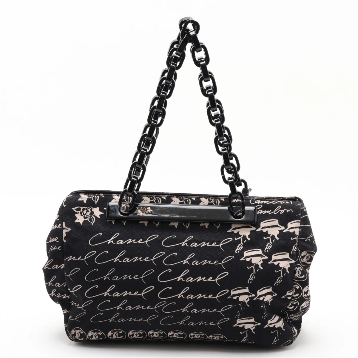 Camellia Canvas Chain Tote Bag, Black x Beige, Silver Hardware, 10501801 (Serial Number in the 10s), with Mirror — view 2