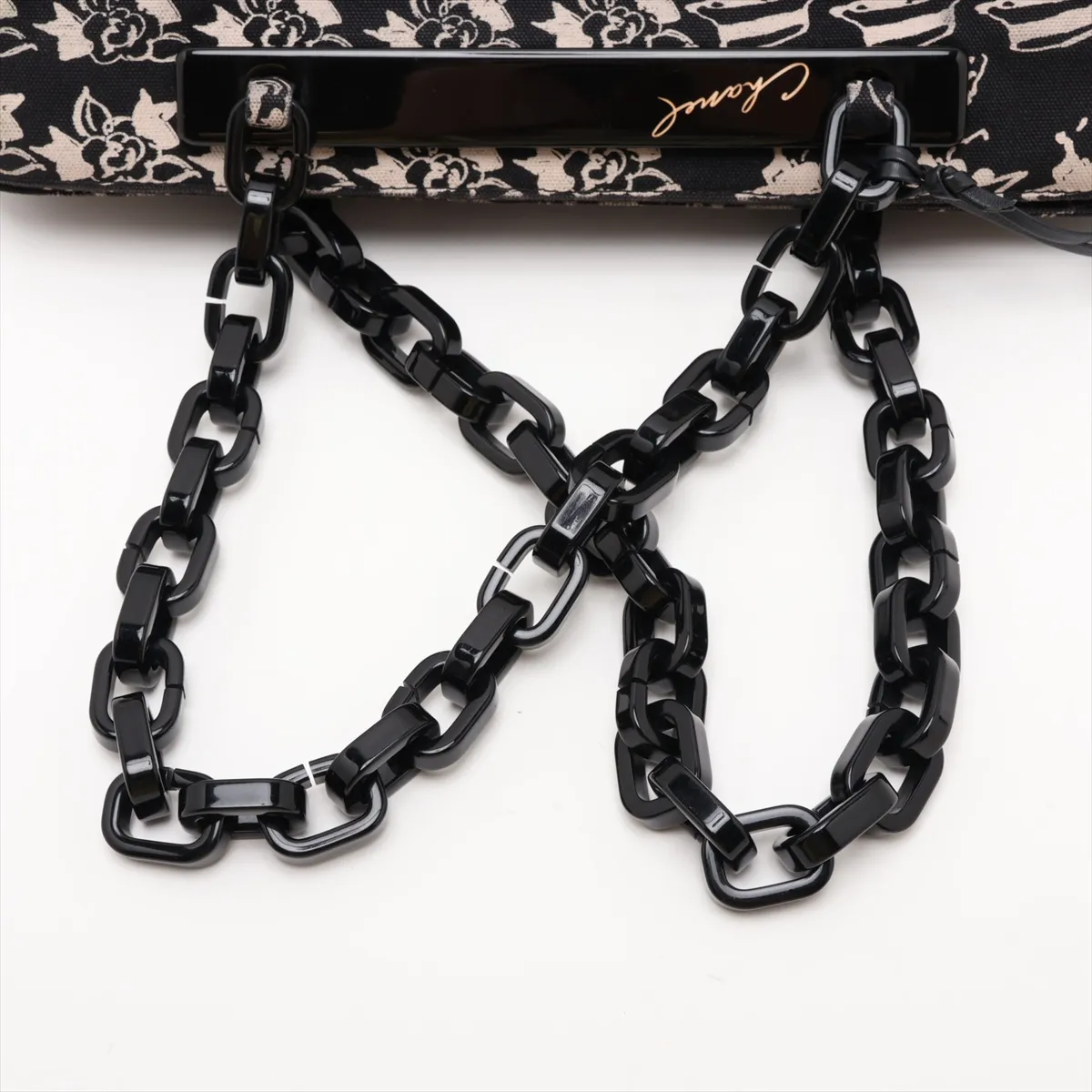 Camellia Canvas Chain Tote Bag, Black x Beige, Silver Hardware, 10501801 (Serial Number in the 10s), with Mirror — view 5