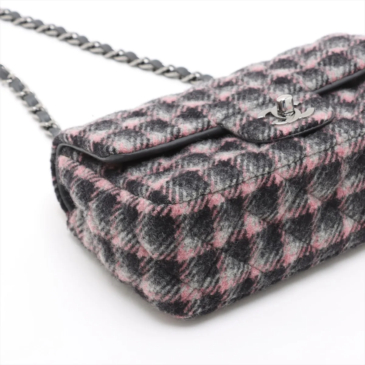 Mini Matelasse 20 Tweed x Leather Single Flap Single Chain Bag Gray Silver Hardware TH346523 Random Plate A69900 — view 4